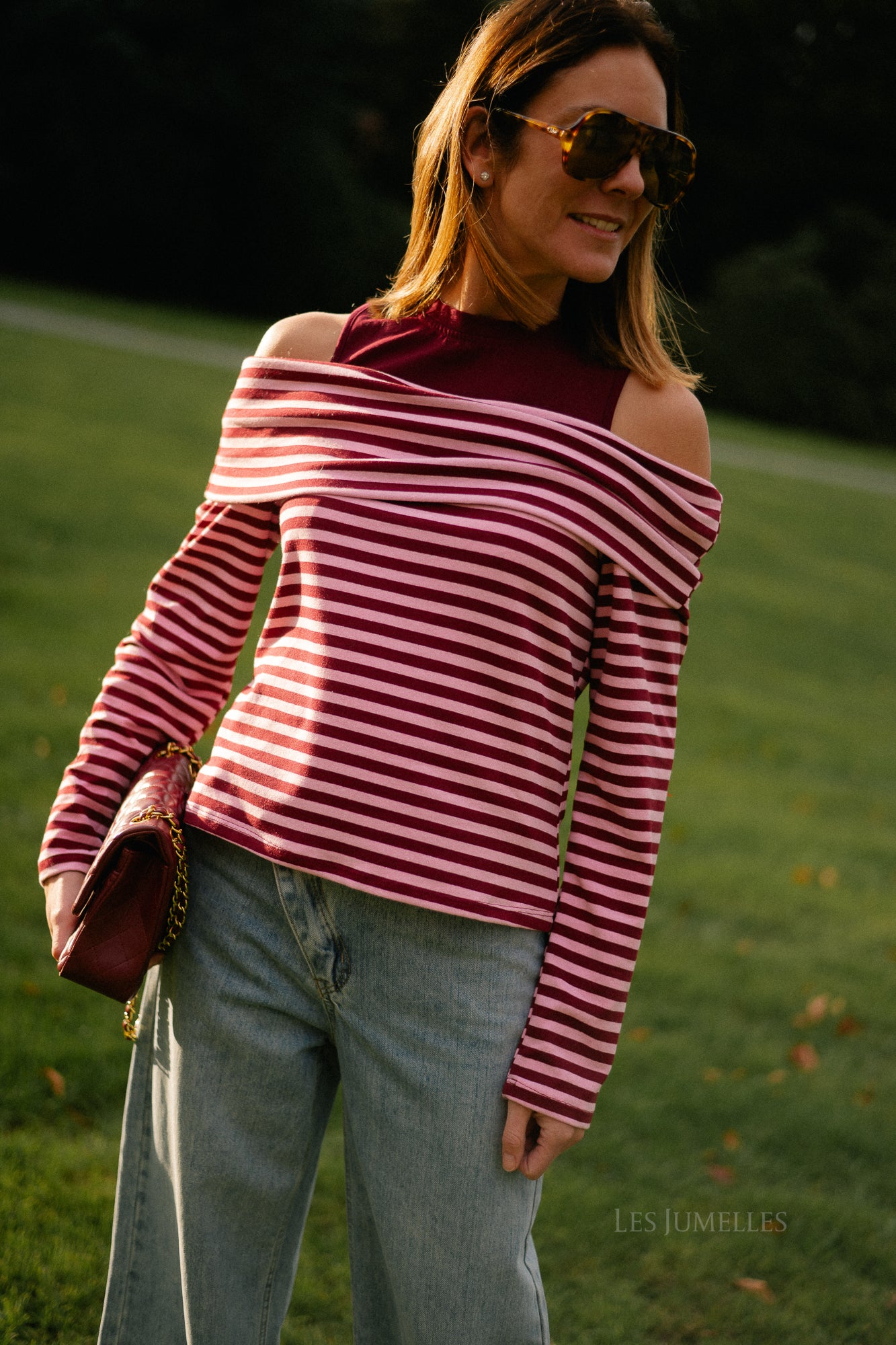 Marley off shoulder striped shirt burgundy/pink
