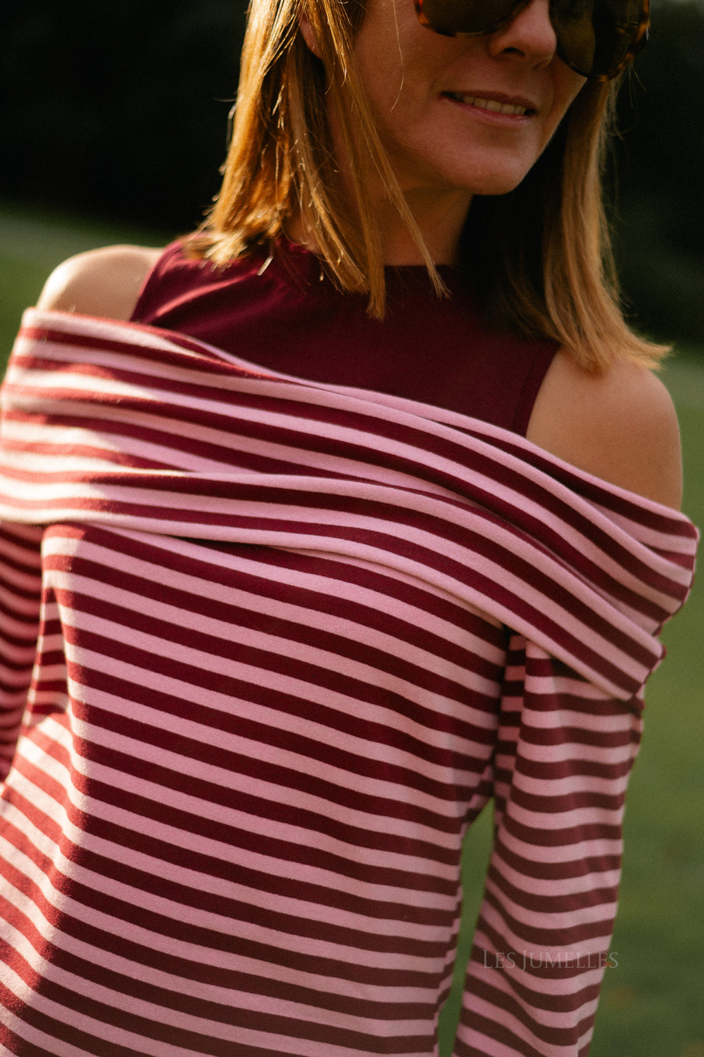 Marley off shoulder striped shirt burgundy/pink