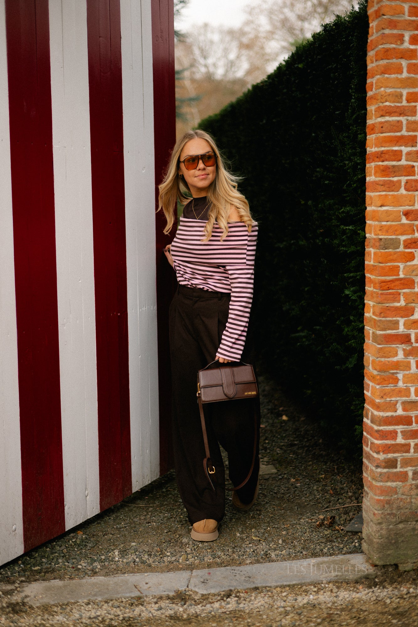 Marley off shoulder striped shirt hot chocolate/baby pink