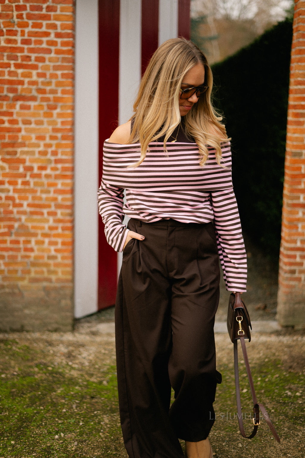 Marley off shoulder striped shirt hot chocolate/baby pink