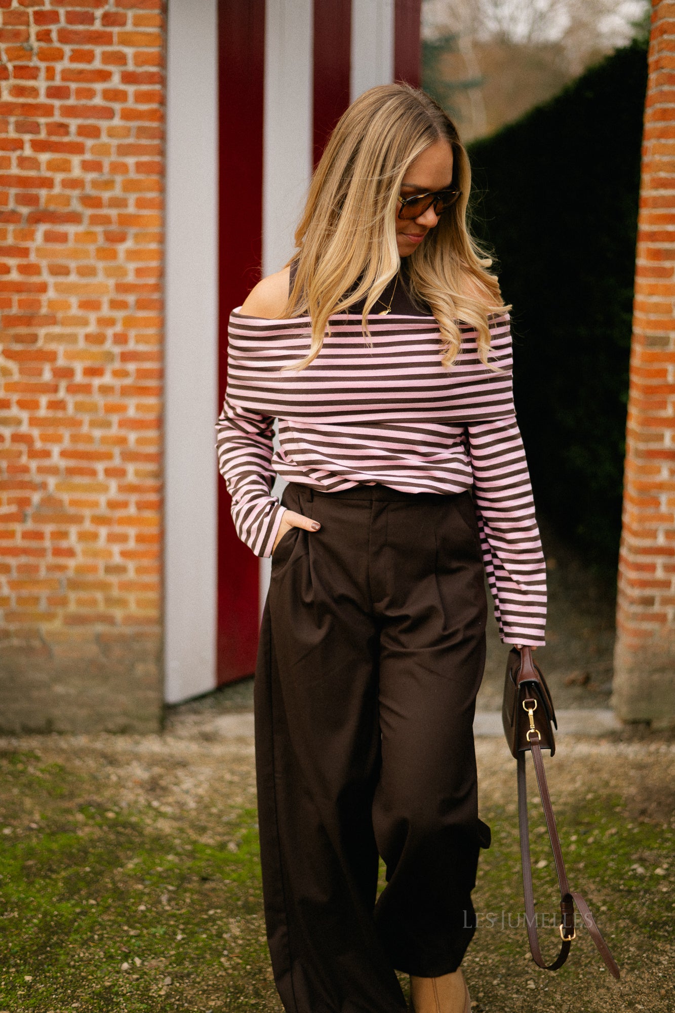 Marley off shoulder striped shirt hot chocolate/baby pink