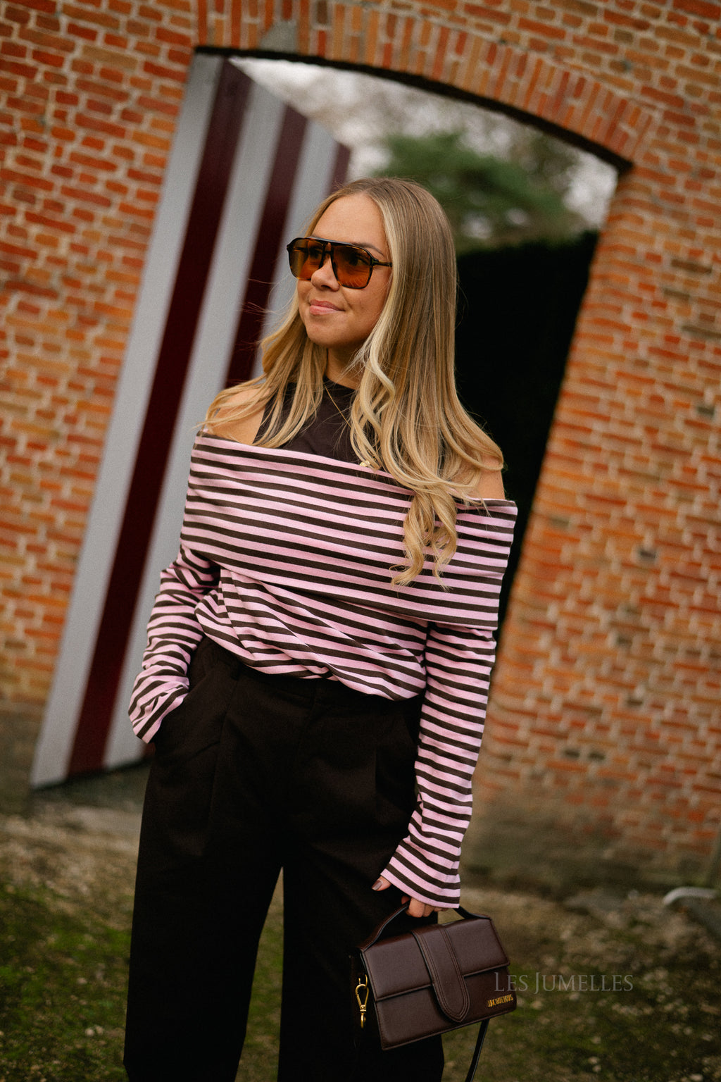 Marley off shoulder striped shirt hot chocolate/baby pink