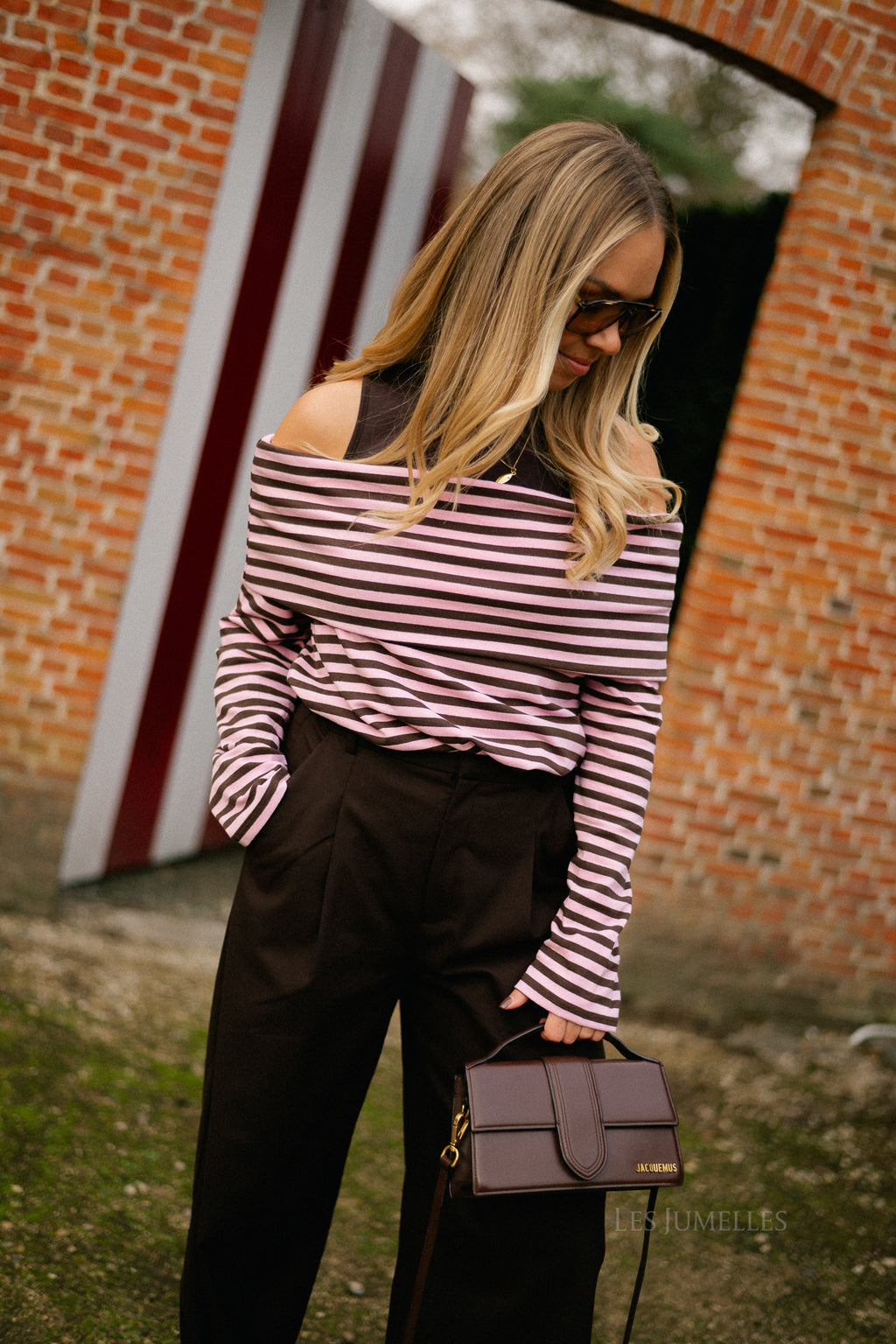 Marley off shoulder striped shirt hot chocolate/baby pink