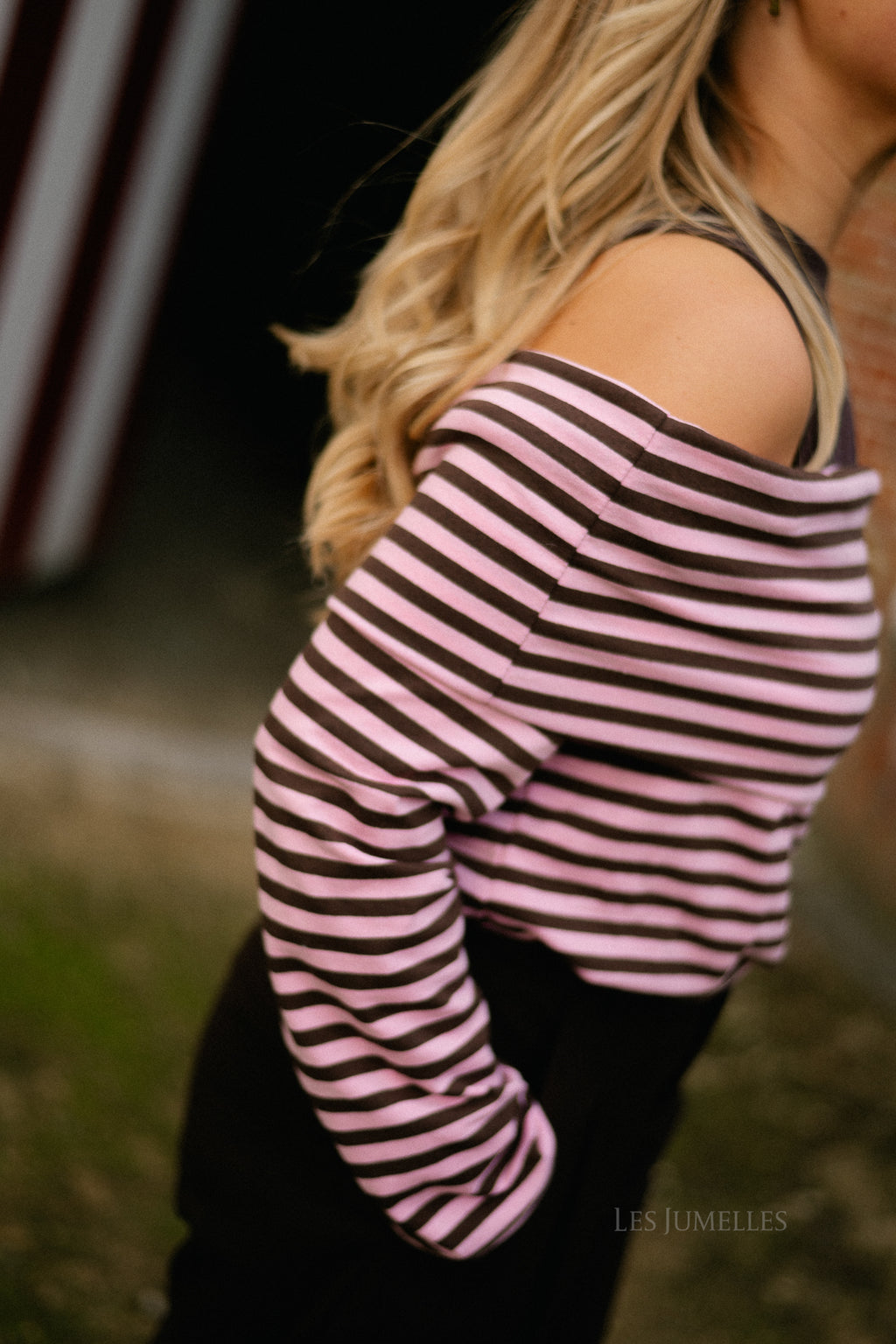 Marley off shoulder striped shirt hot chocolate/baby pink