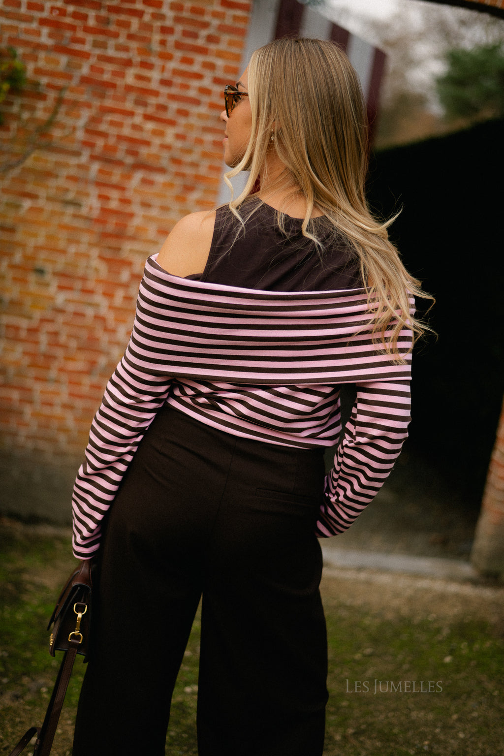 Marley off shoulder striped shirt hot chocolate/baby pink