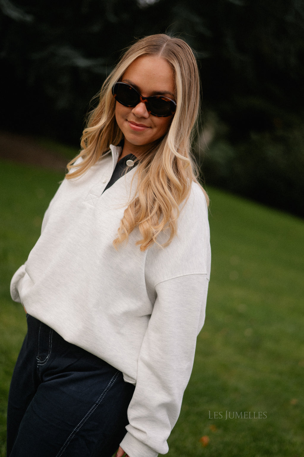 Lio oversized polo sweatshirt lichtgrijs melange/antraciet