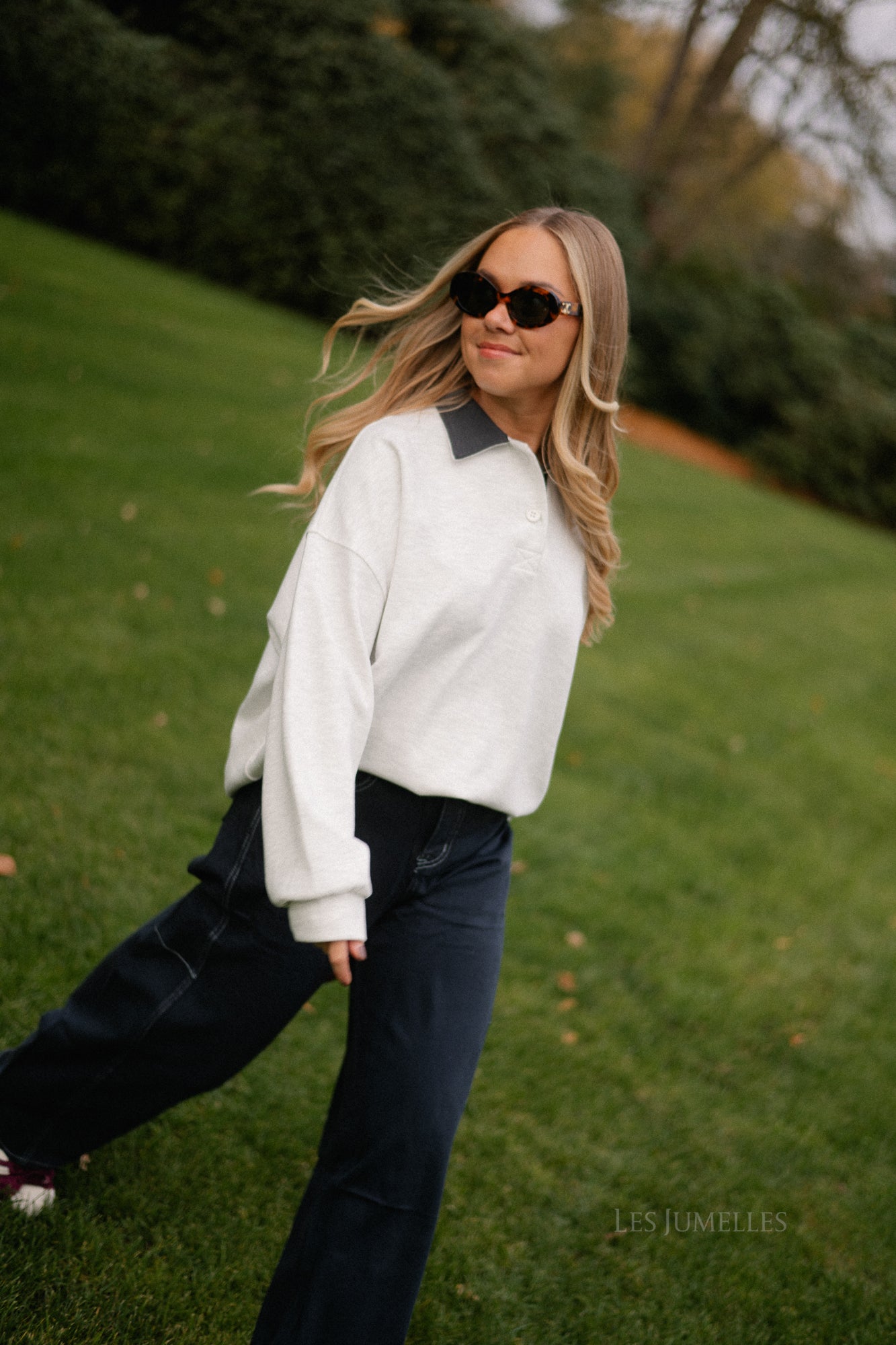 Lio oversized polo sweatshirt lichtgrijs melange/antraciet