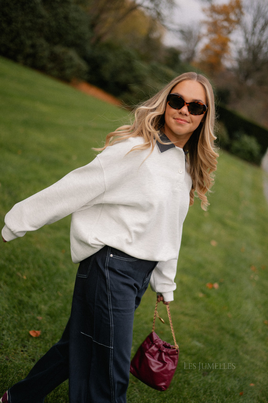 Lio oversized polo sweatshirt lichtgrijs melange/antraciet