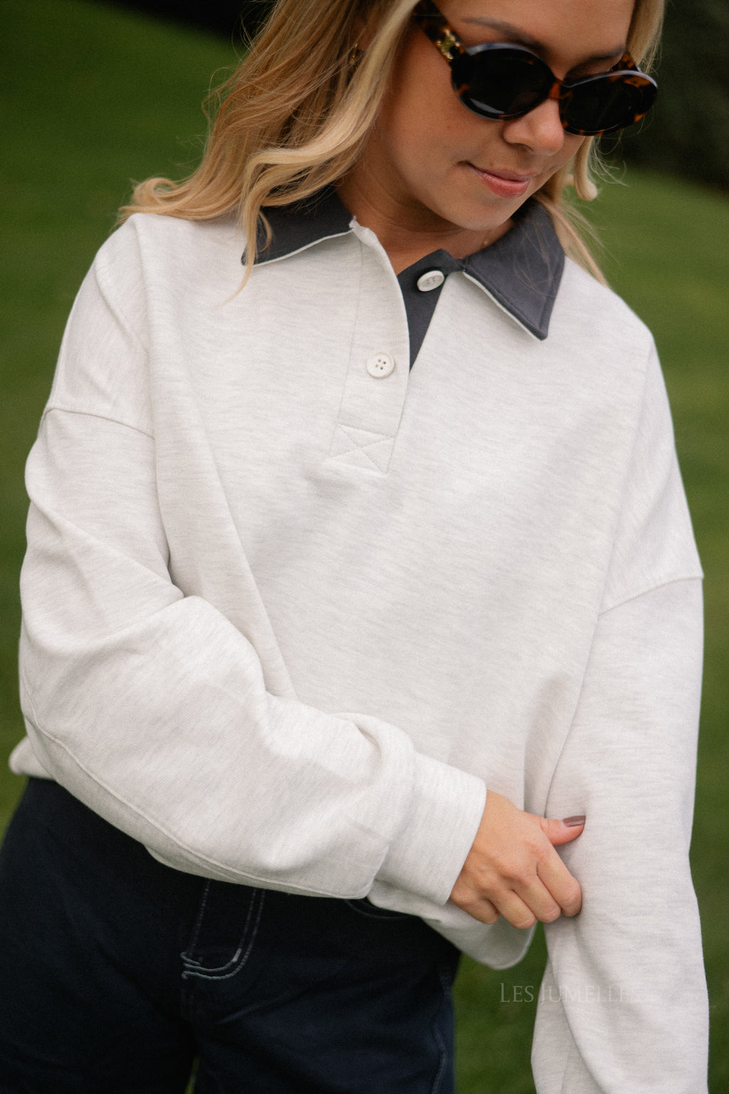 Lio oversized polo sweatshirt lichtgrijs melange/antraciet