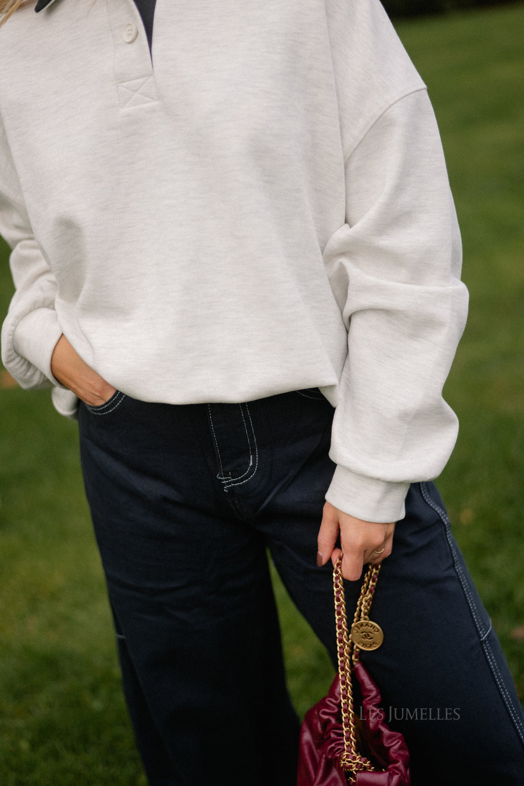 Lio oversized polo sweatshirt lichtgrijs melange/antraciet