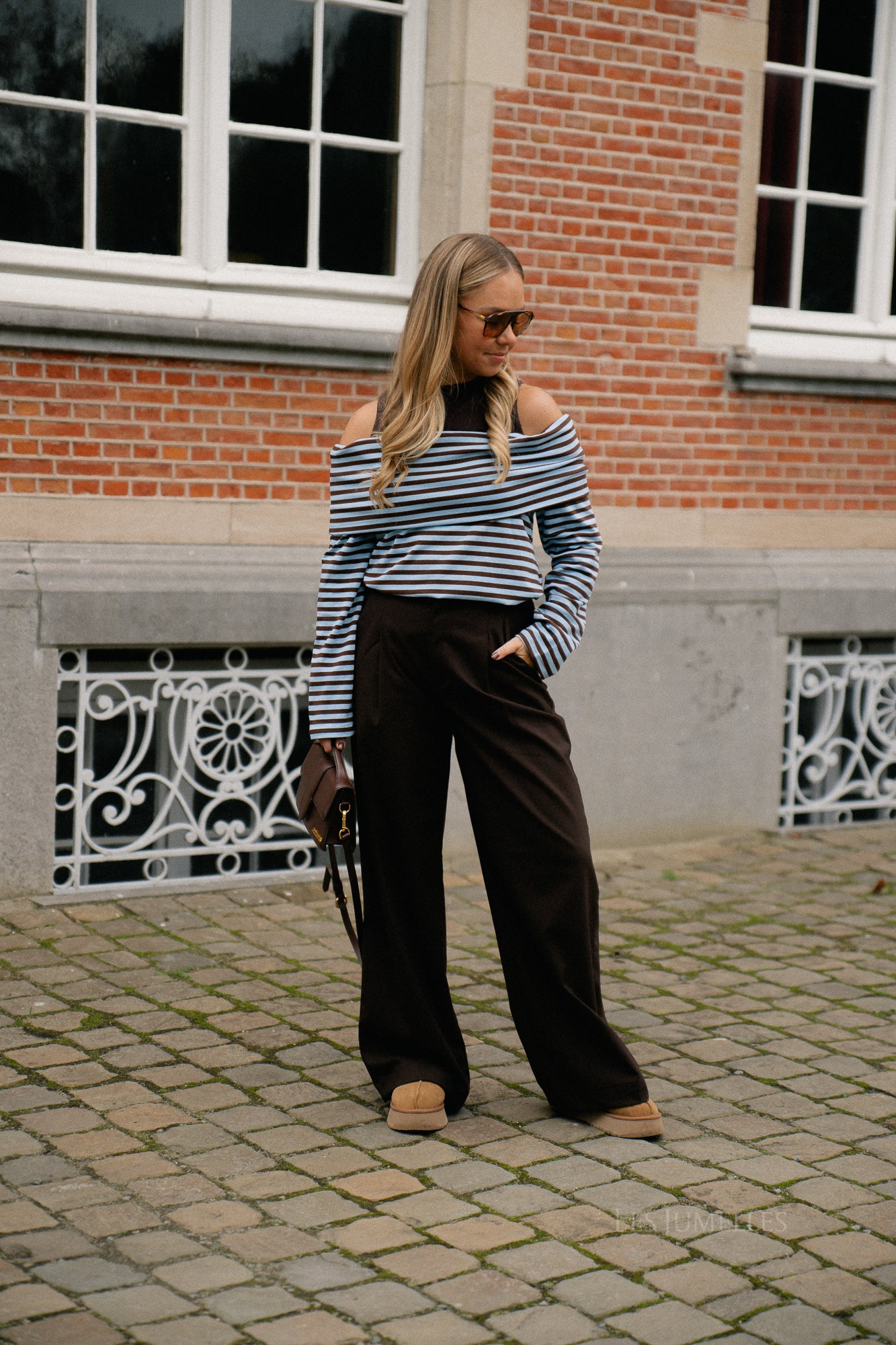 Marley off shoulder striped shirt hot chocolate/light blue