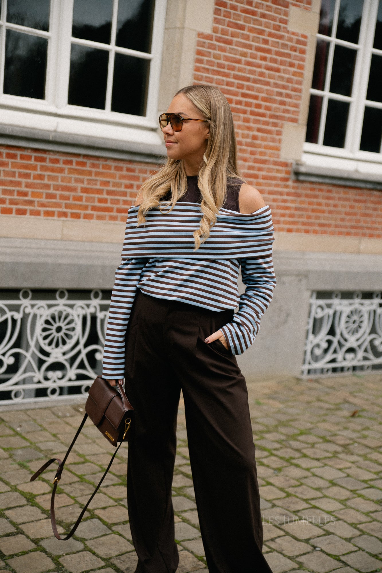 Marley off shoulder striped shirt hot chocolate/light blue