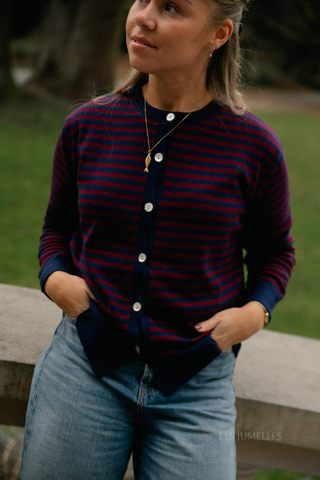 Lisa gestreepte cardigan marineblauw/bordeauxrood