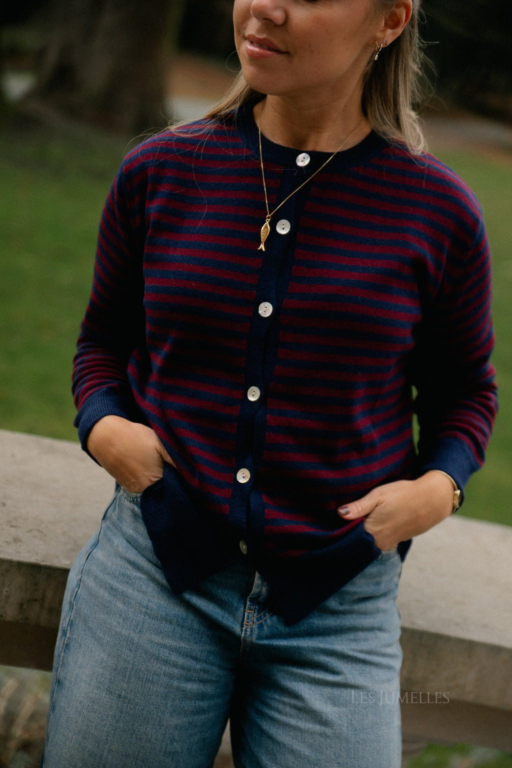 Lisa gestreepte cardigan marineblauw/bordeauxrood