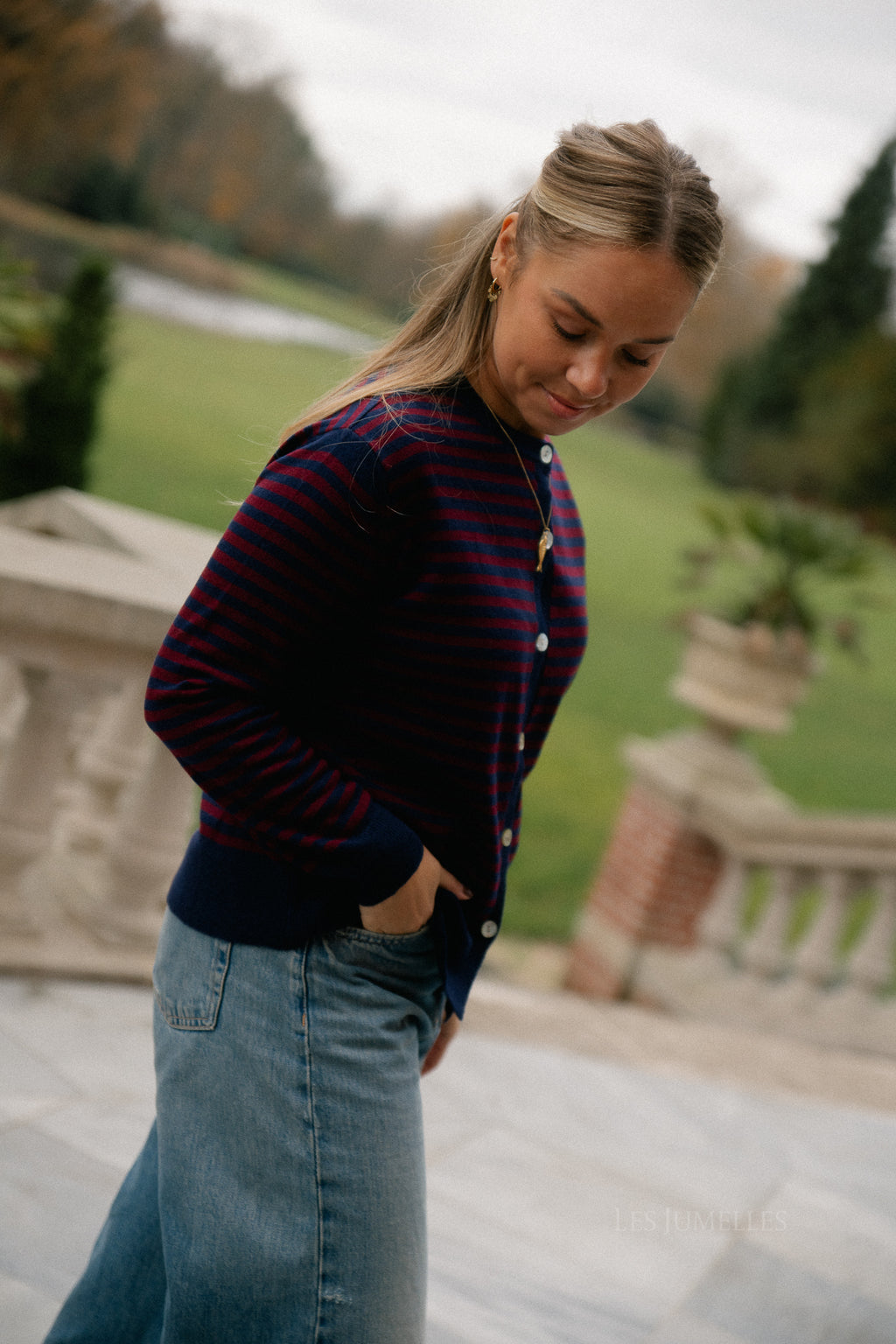 Lisa gestreepte cardigan marineblauw/bordeauxrood