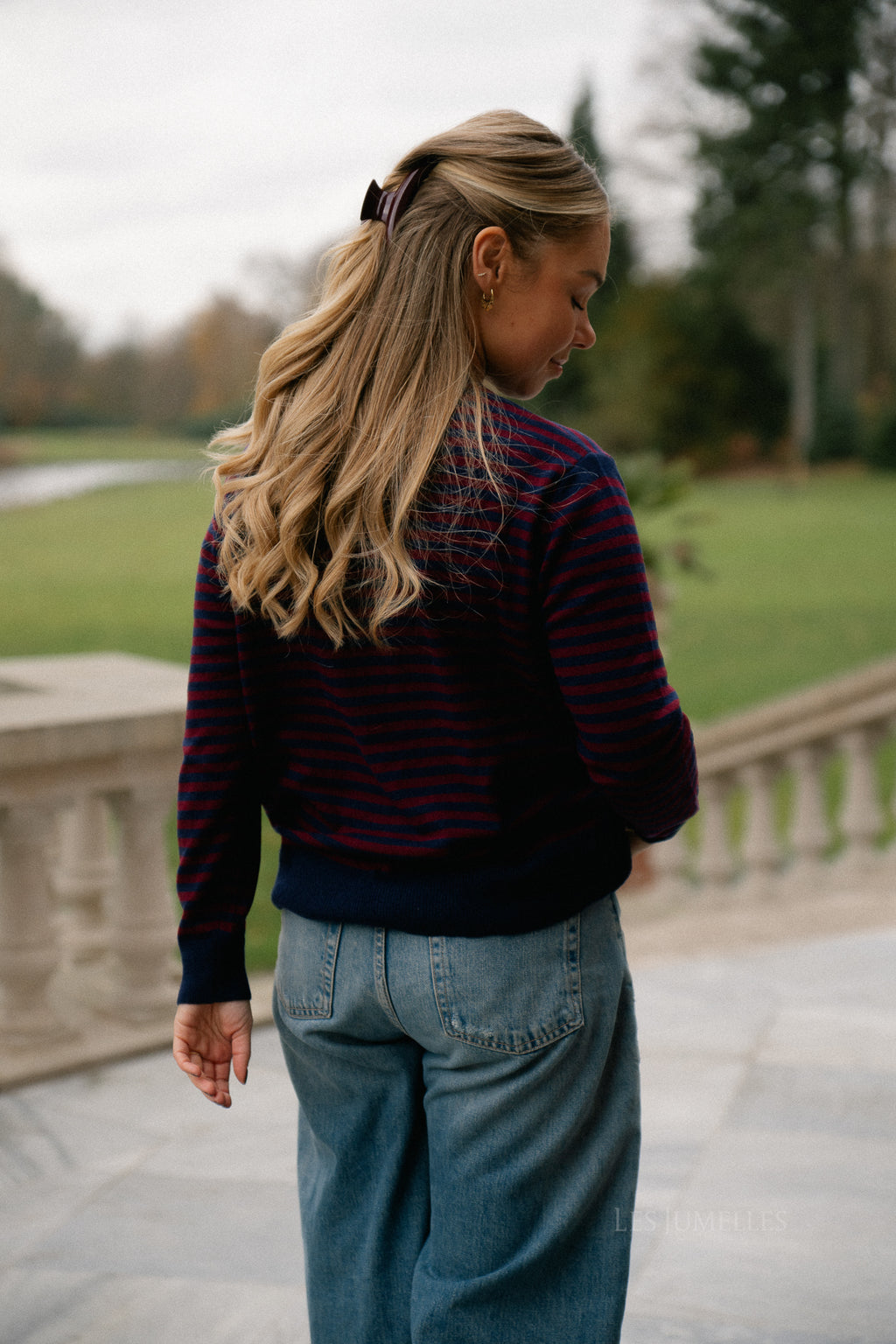 Lisa gestreepte cardigan marineblauw/bordeauxrood