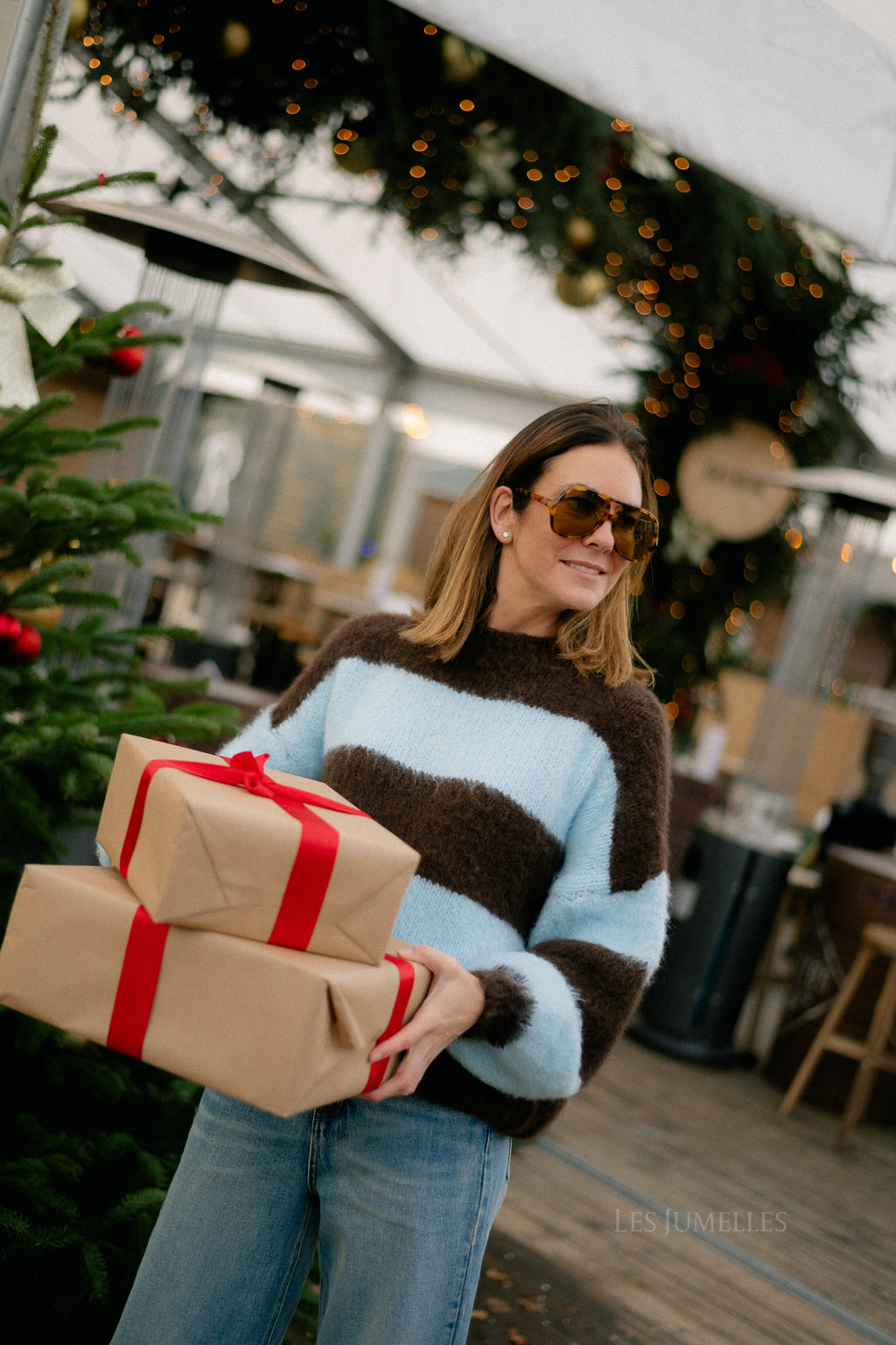Pull rayé rubis chocolat chaud/bleu clair