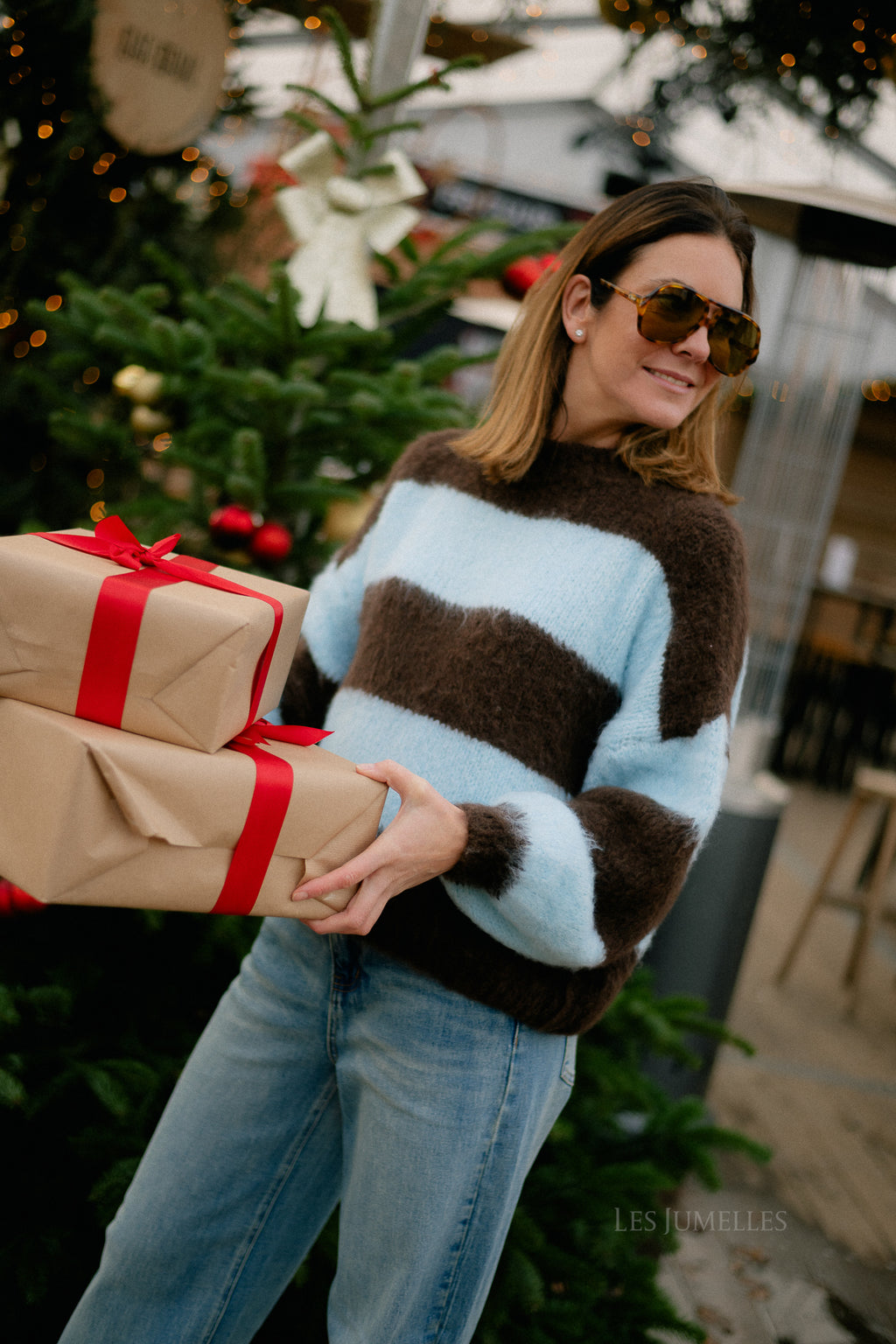 Pull rayé rubis chocolat chaud/bleu clair