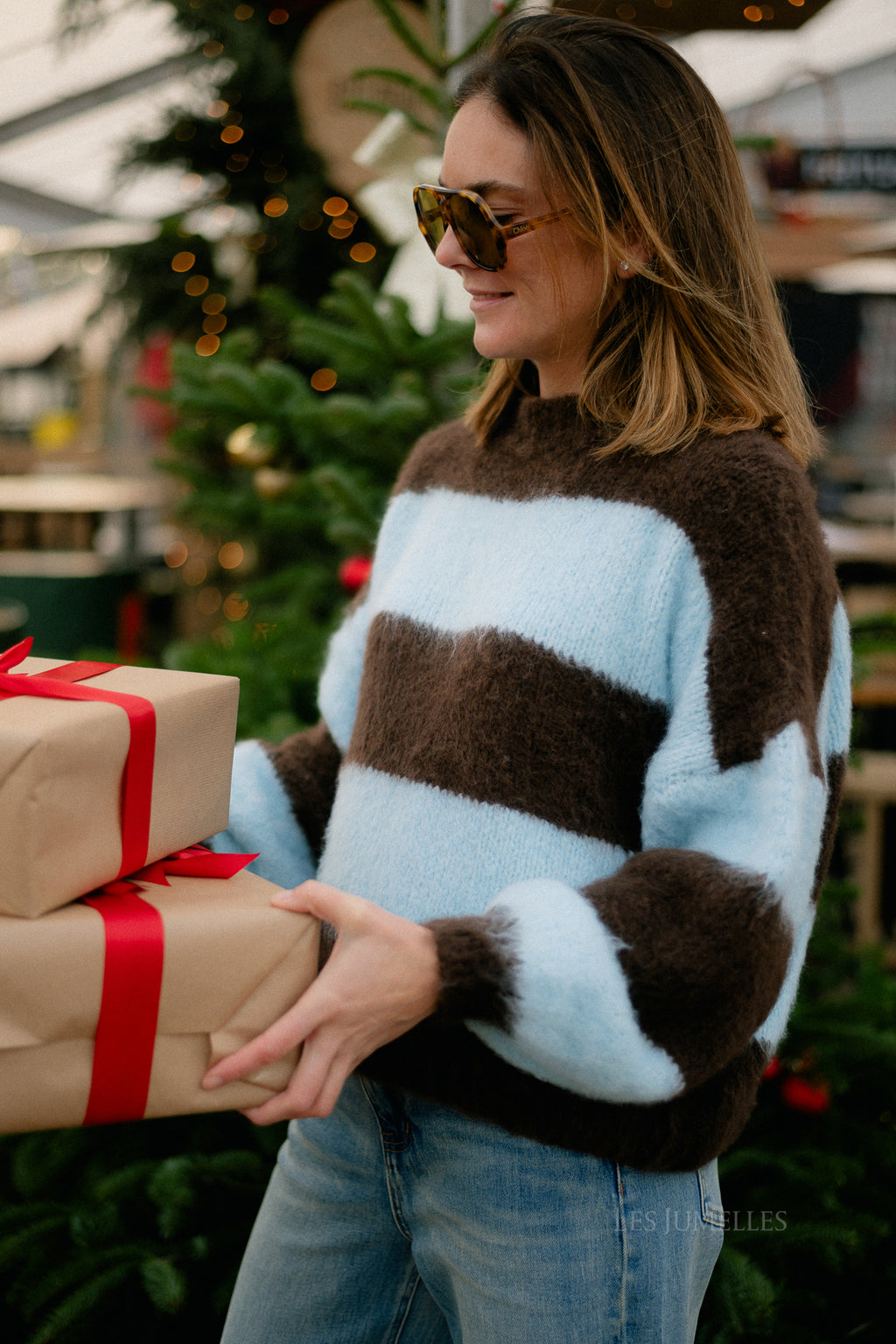 Pull rayé rubis chocolat chaud/bleu clair