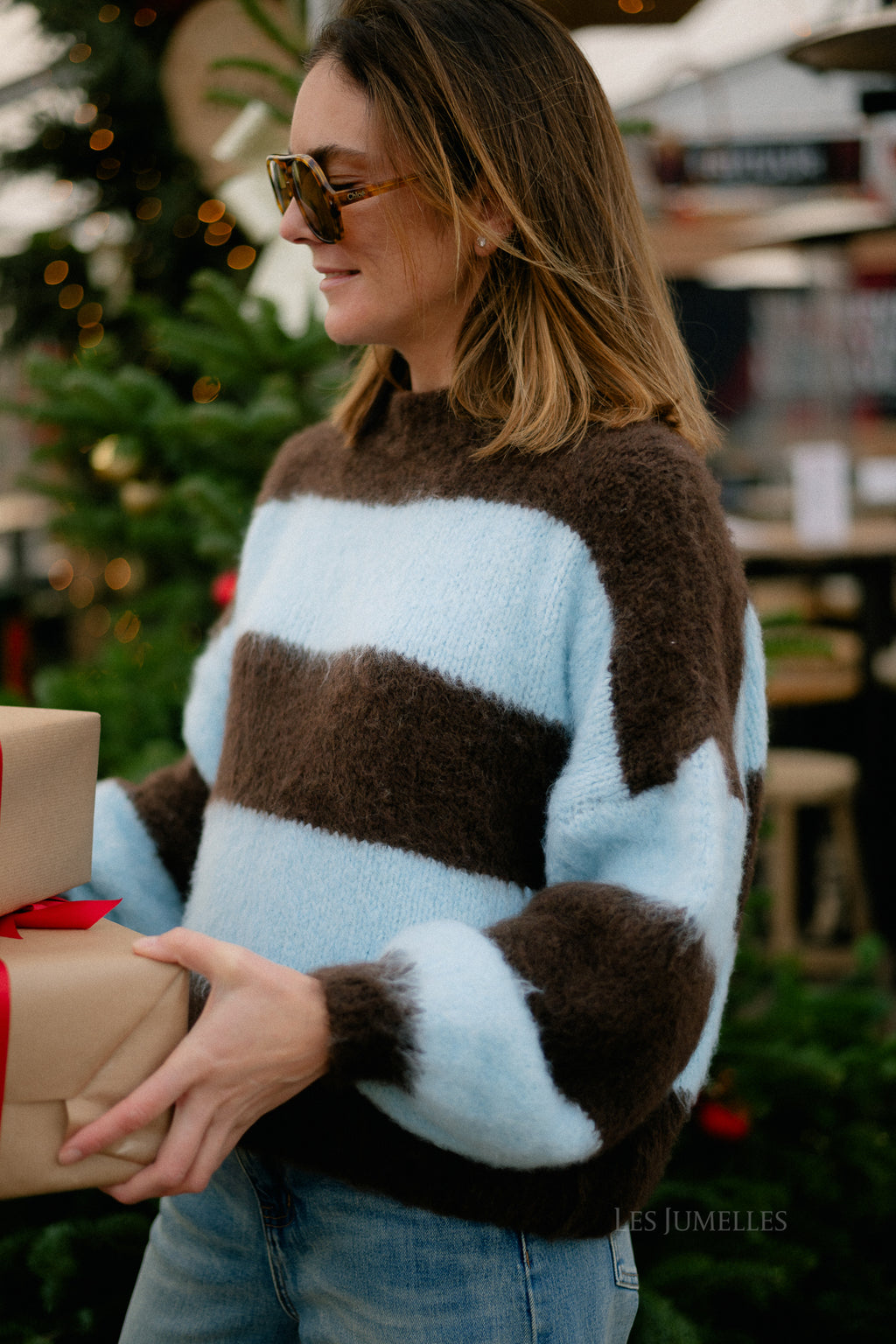 Pull rayé rubis chocolat chaud/bleu clair