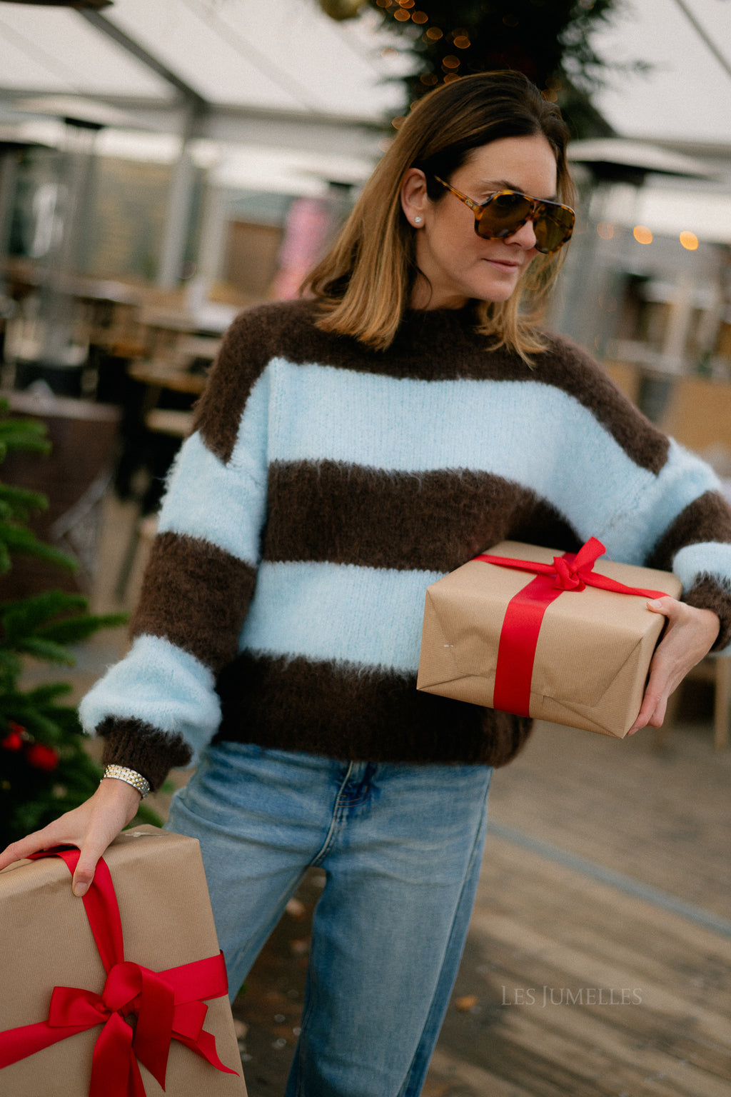 Pull rayé rubis chocolat chaud/bleu clair