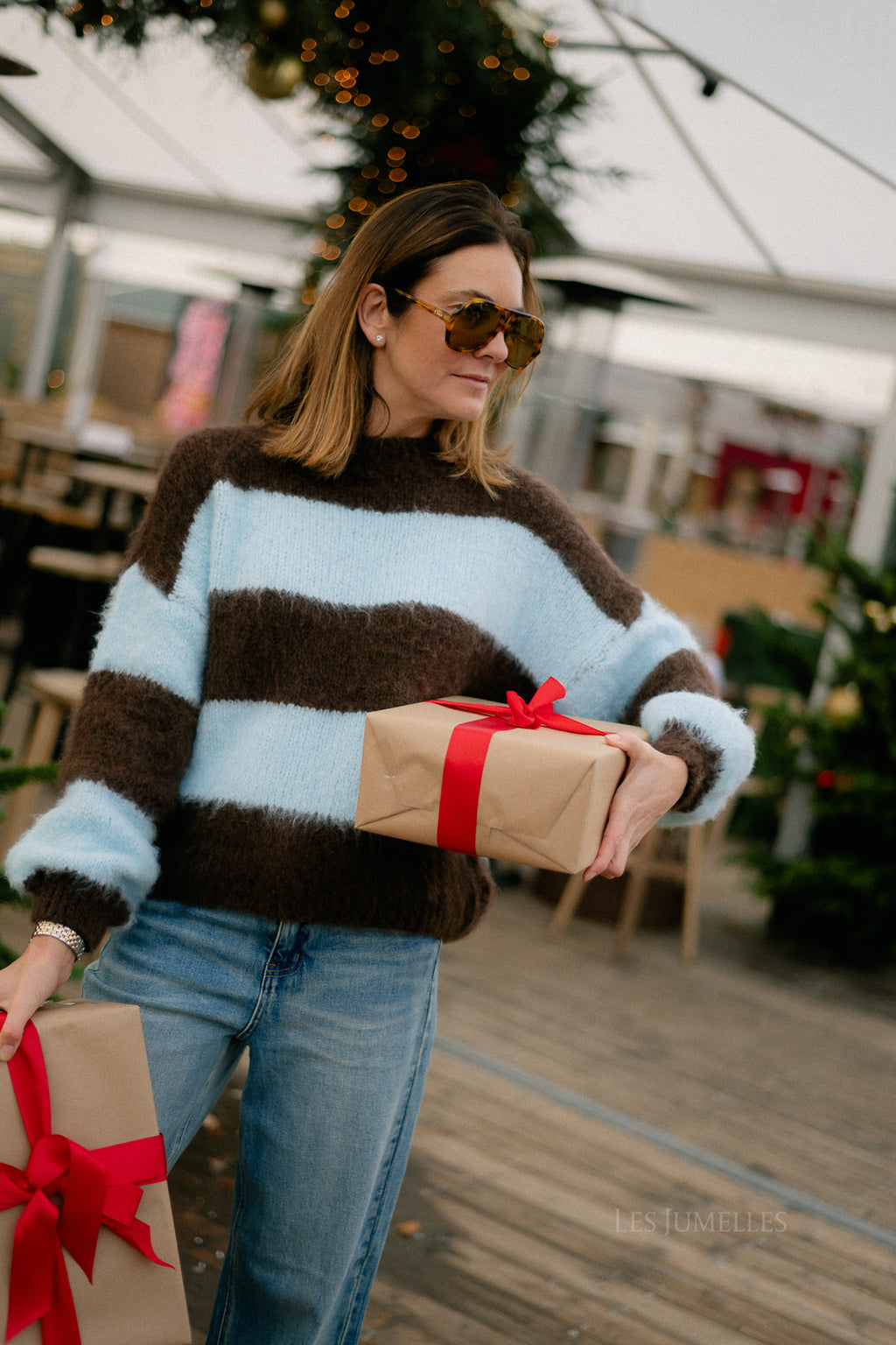 Pull rayé rubis chocolat chaud/bleu clair