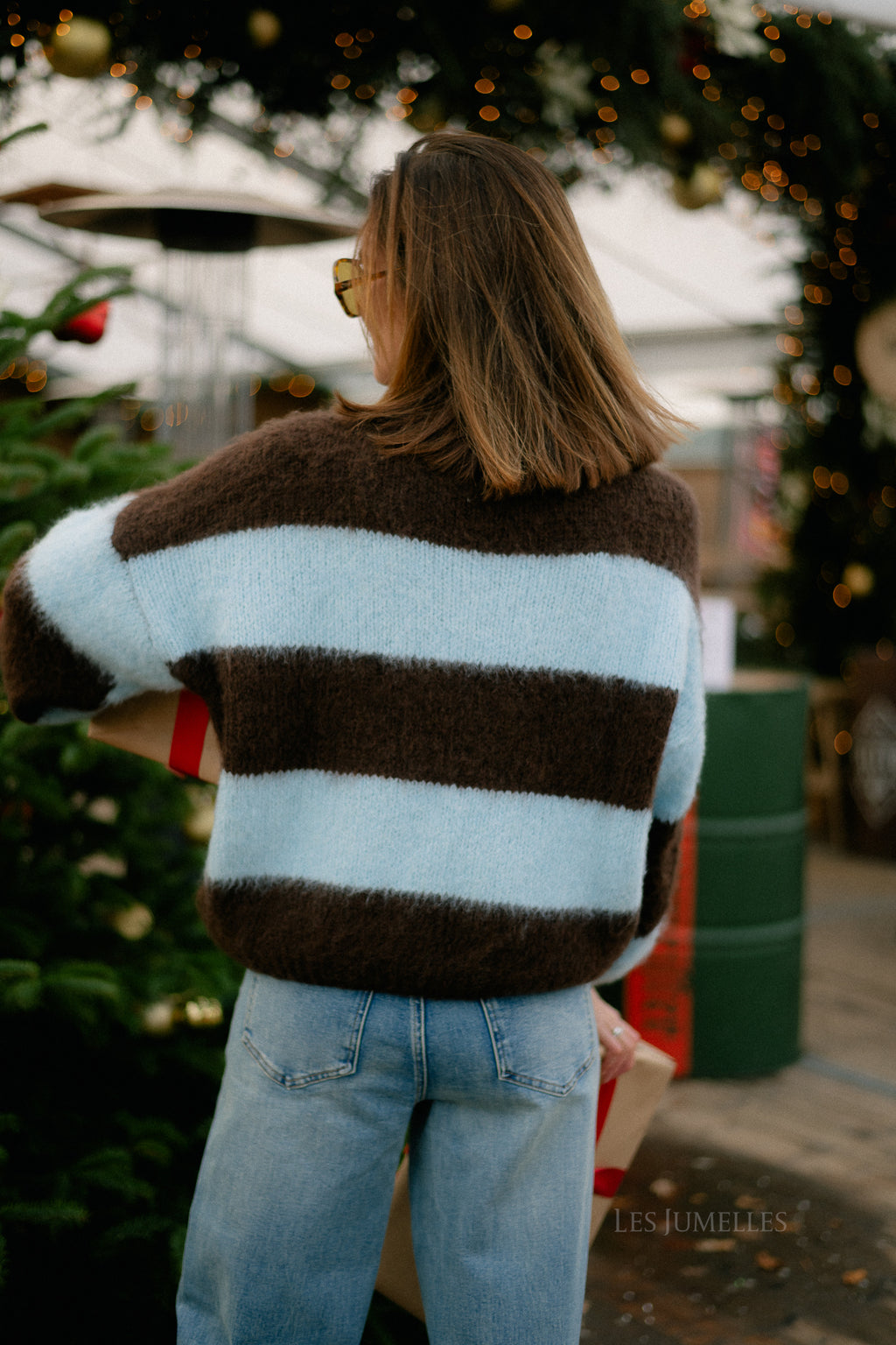 Pull rayé rubis chocolat chaud/bleu clair