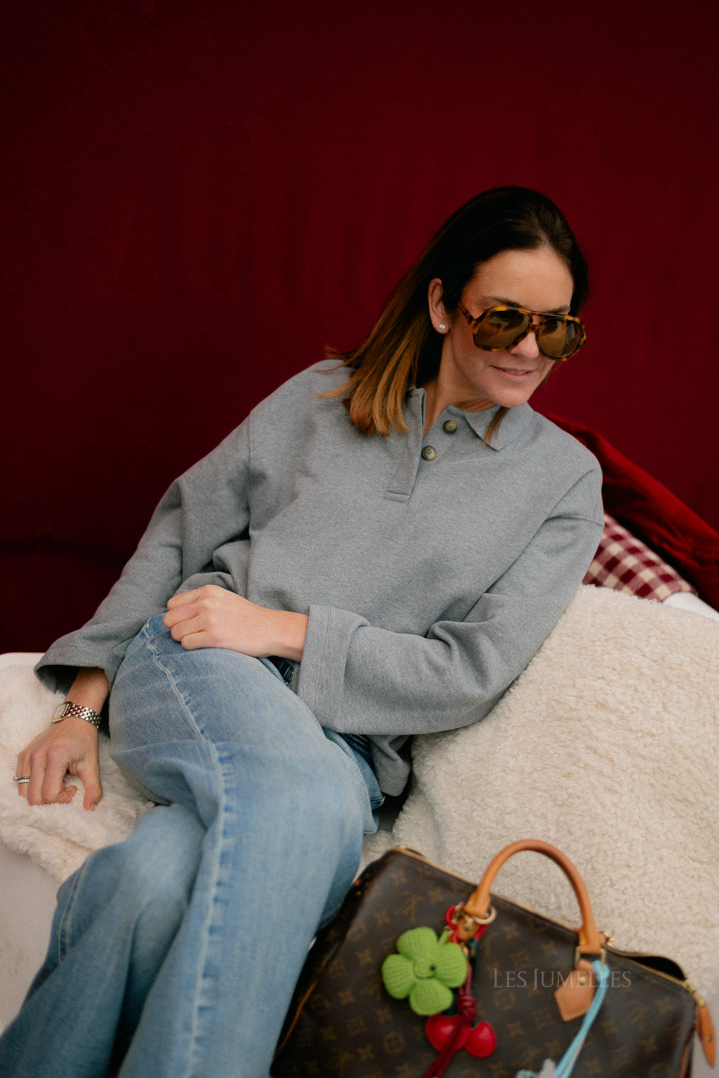 SLFAri Gia LS polo sweat medium grey melange