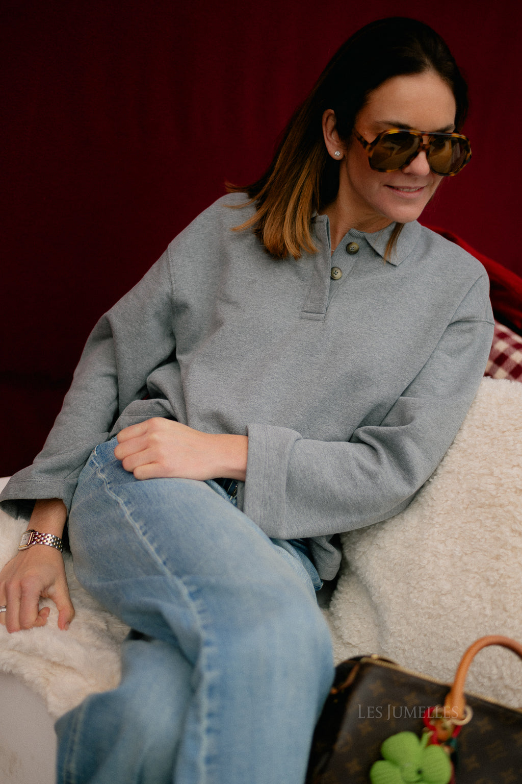 SLFAri Gia LS polo sweat medium grey melange