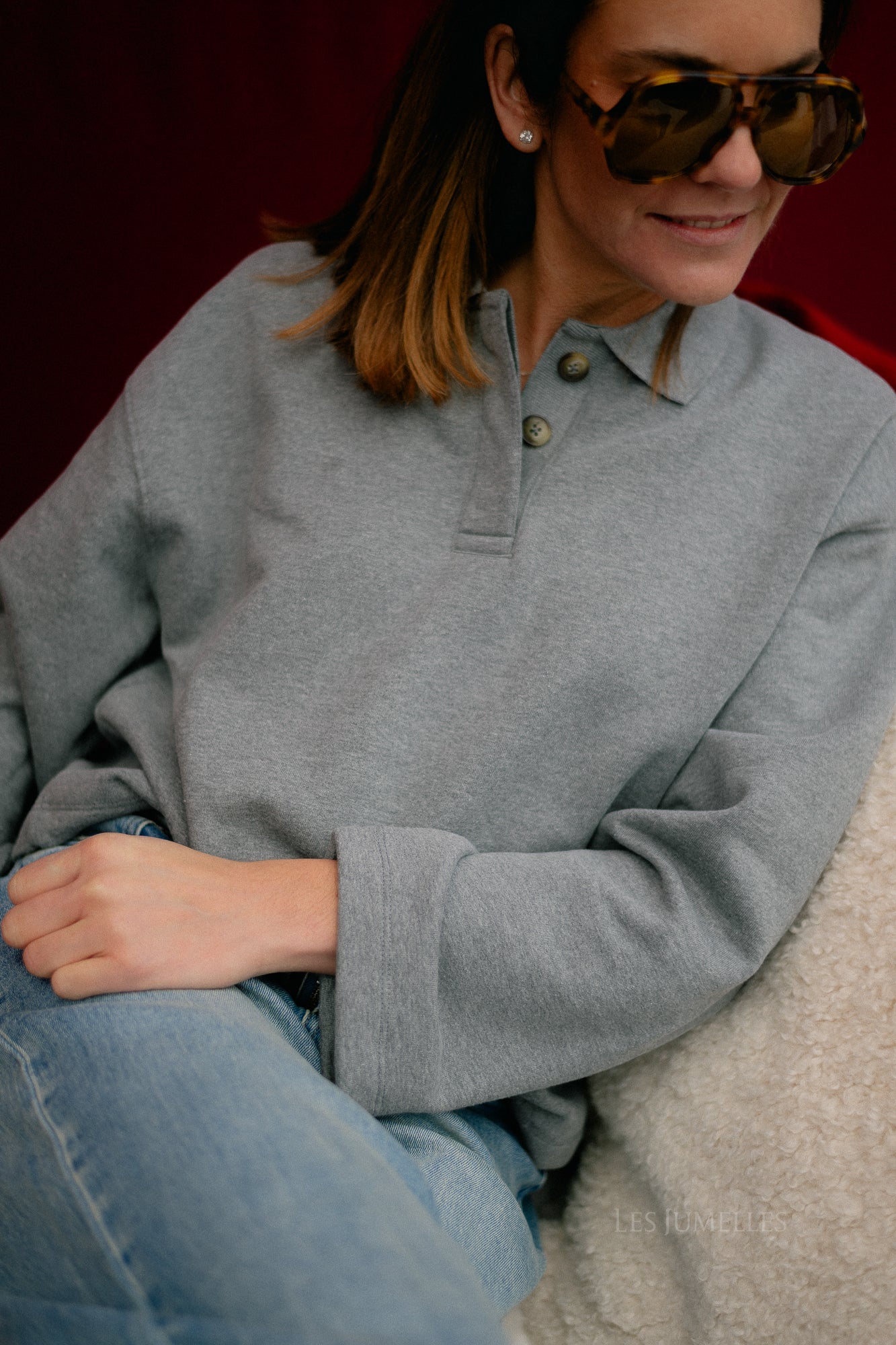 SLFAri Gia LS polo sweat medium grey melange