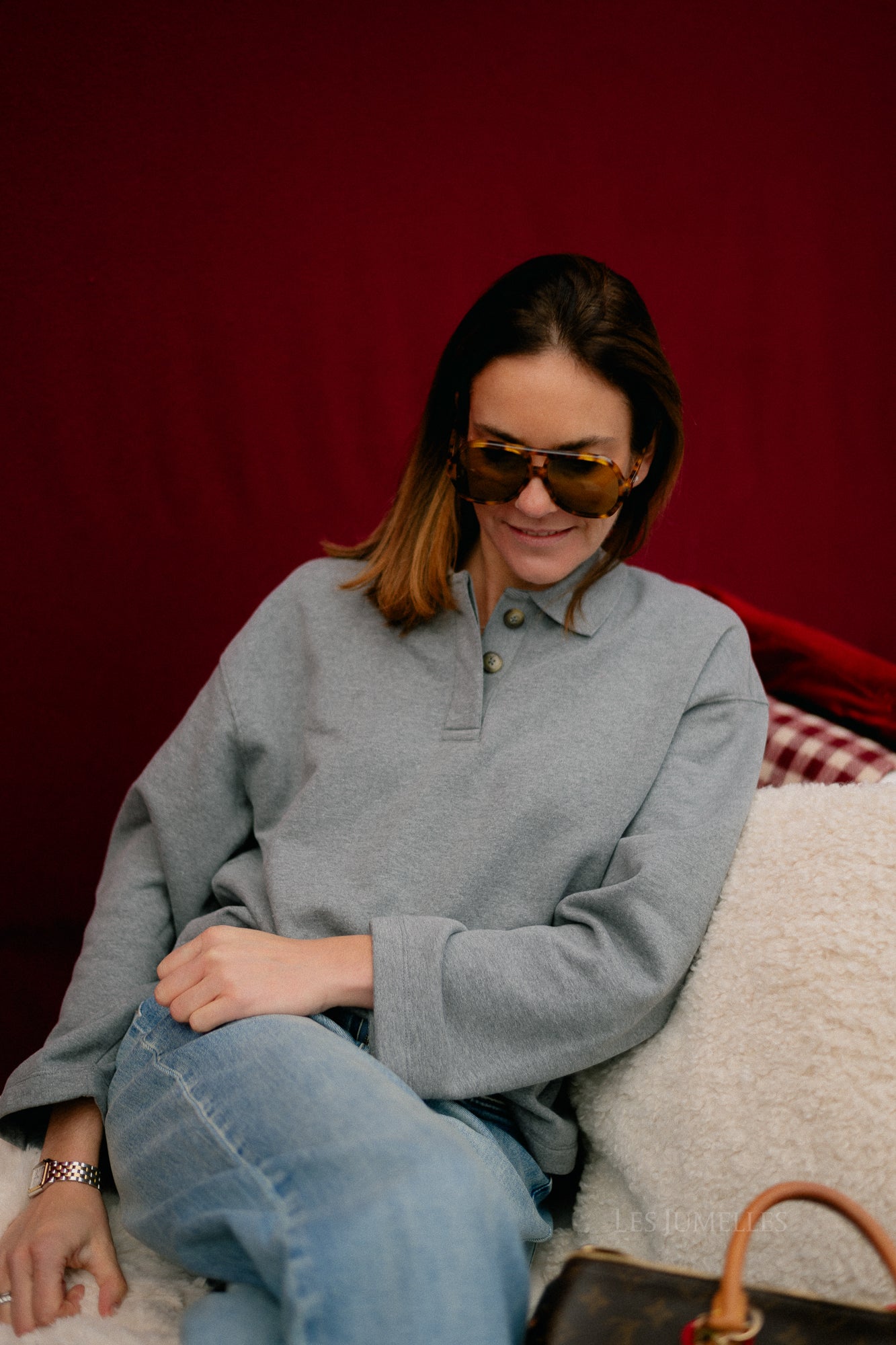 SLFAri Gia LS polo sweat medium grey melange