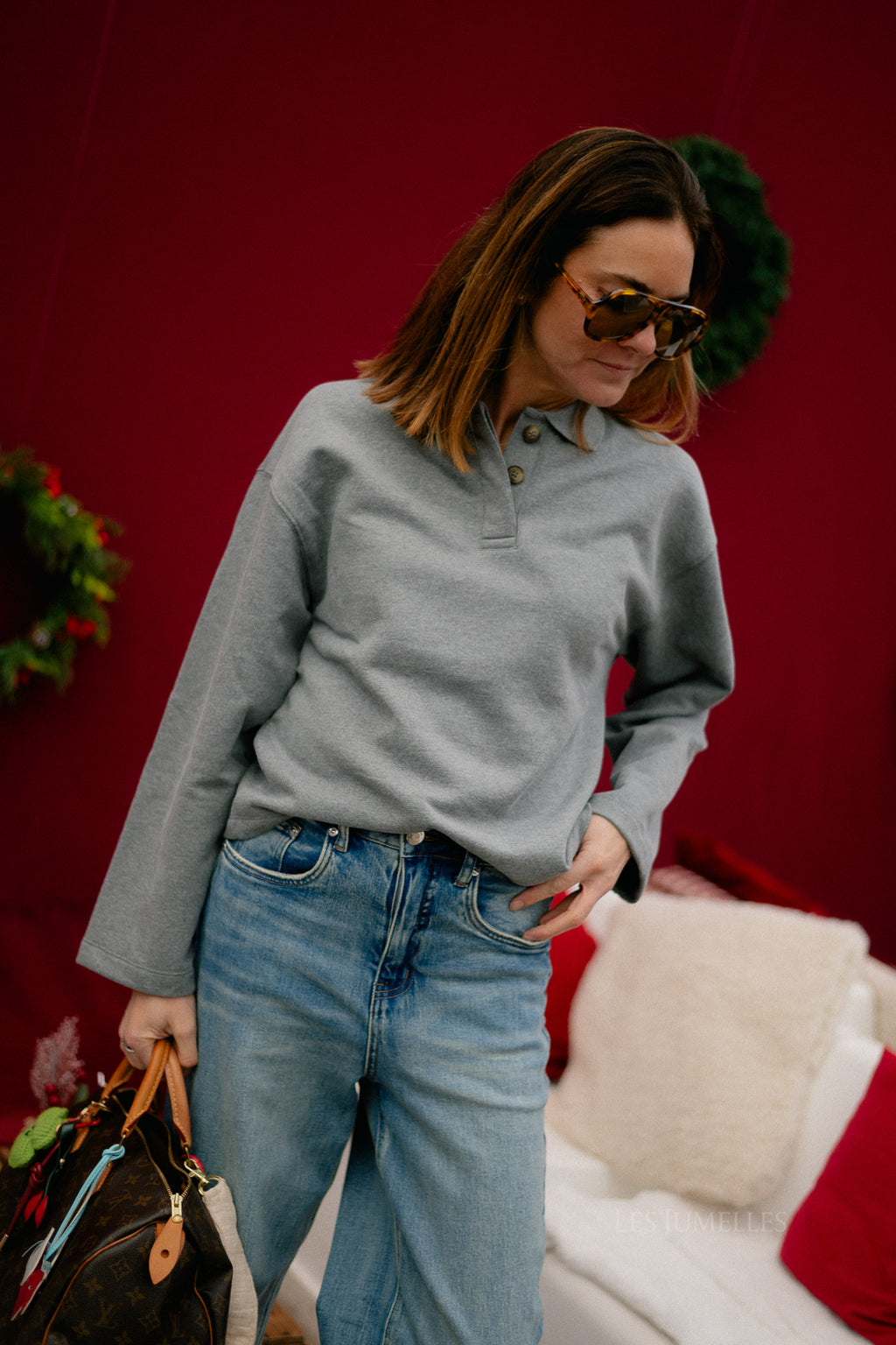 SLFAri Gia LS polo sweat medium grey melange