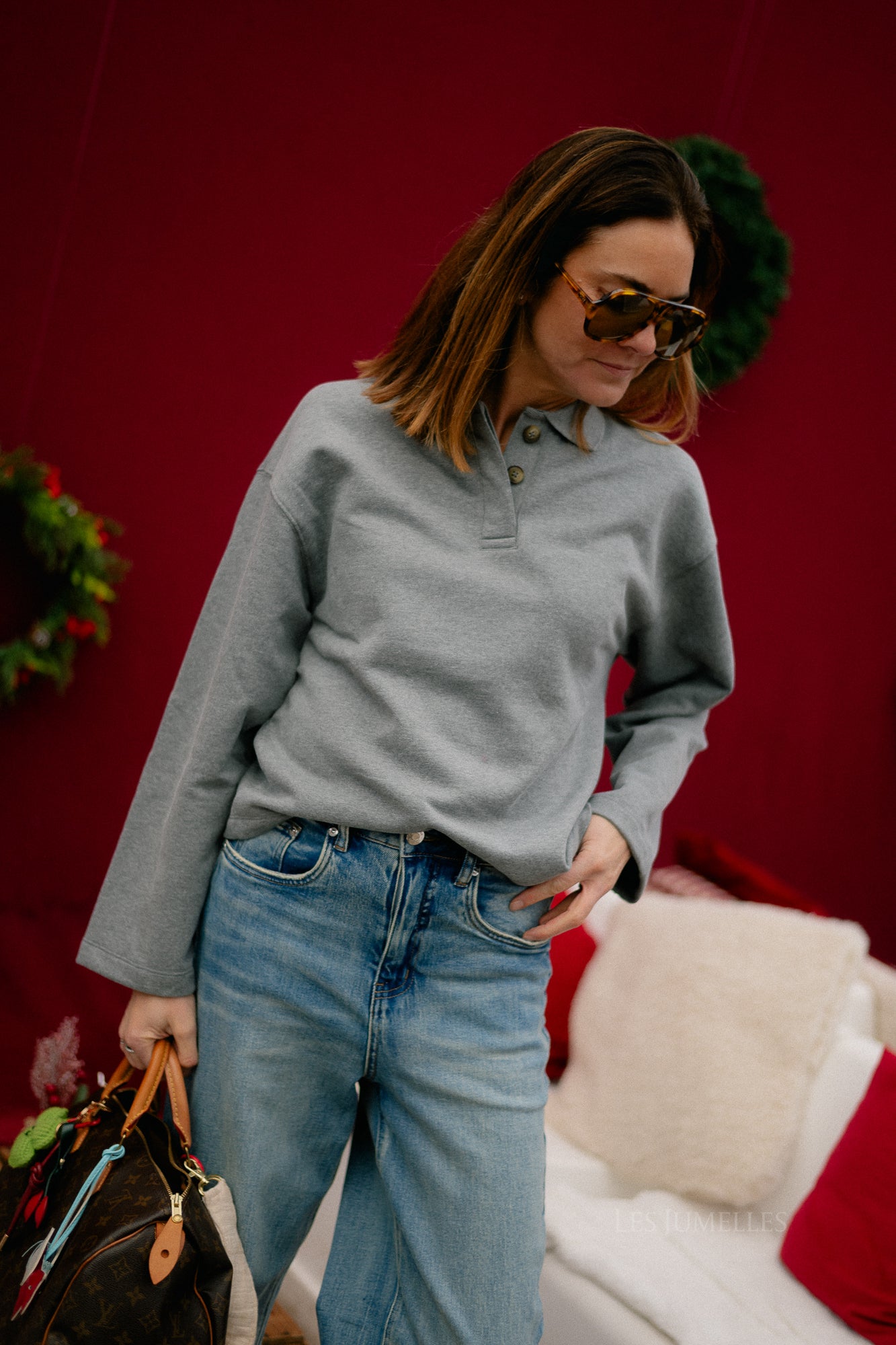 SLFAri Gia LS polo sweat medium grey melange