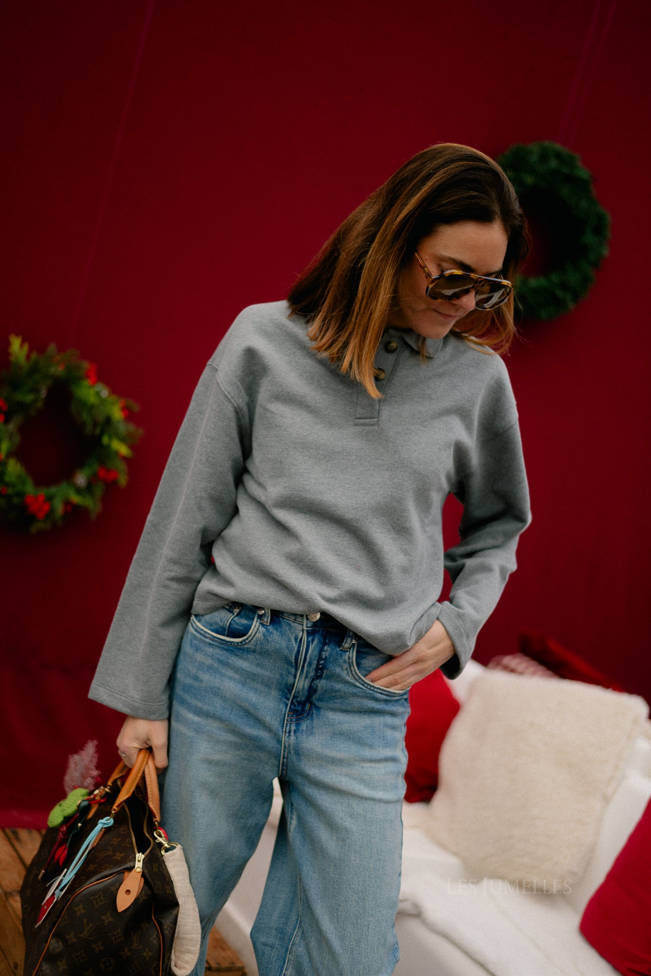 SLFAri Gia LS polo sweat medium grey melange