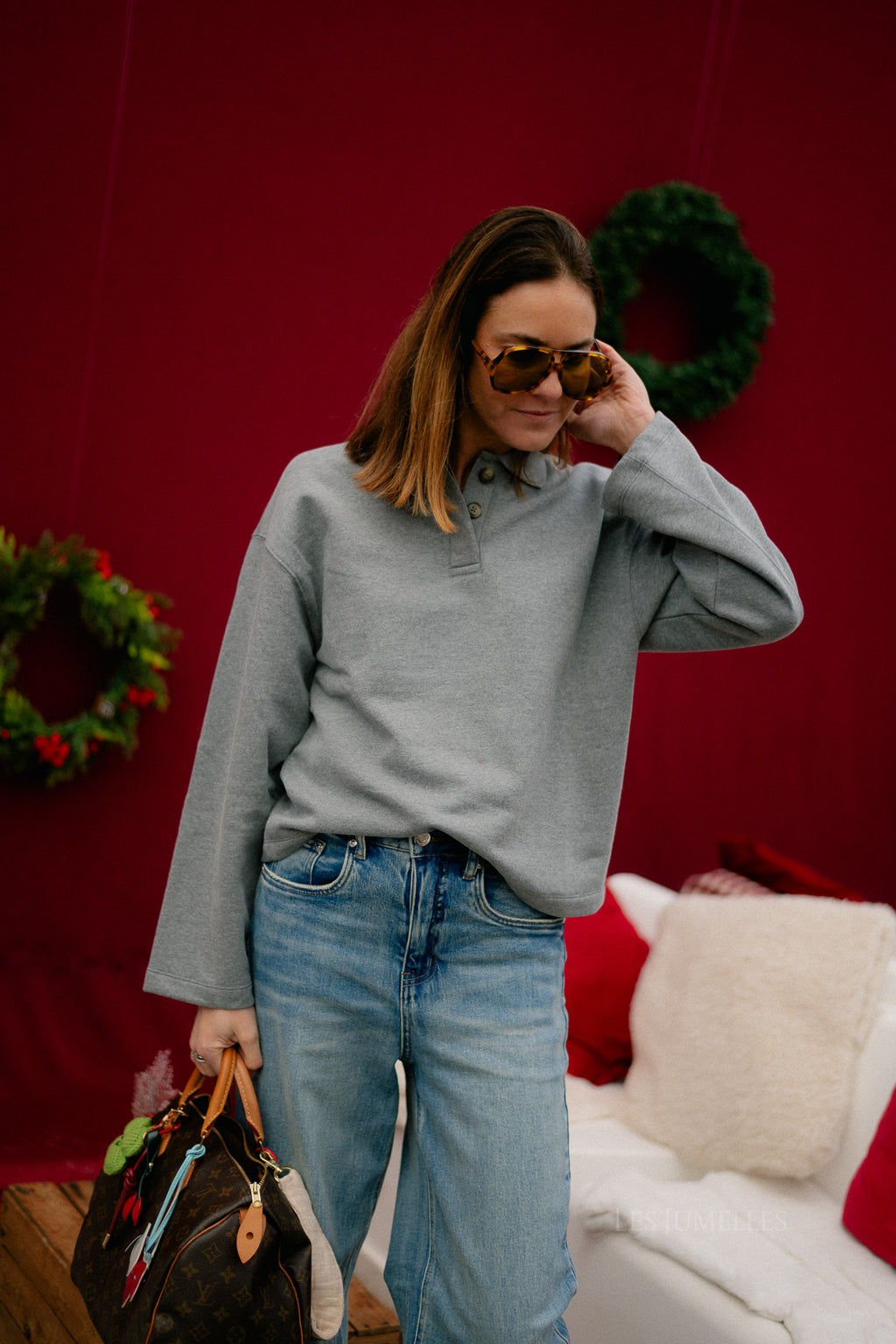 SLFAri Gia LS polo sweat medium grey melange