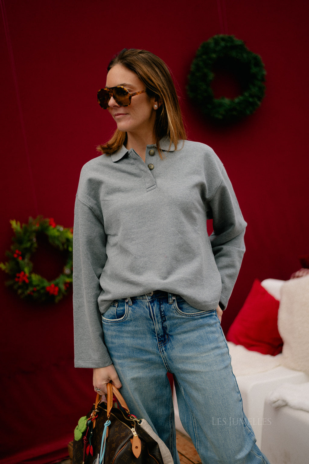 SLFAri Gia LS polo sweat medium grey melange