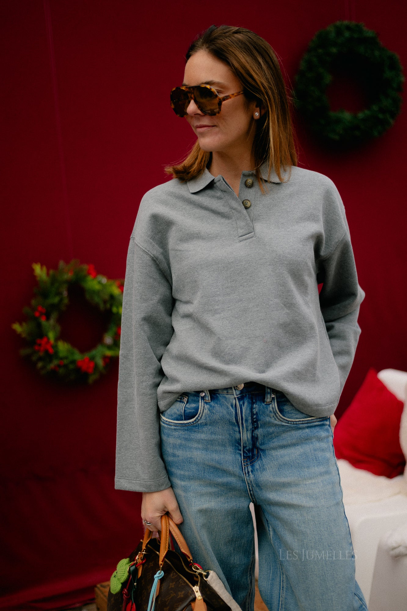 SLFAri Gia LS polo sweat medium grey melange