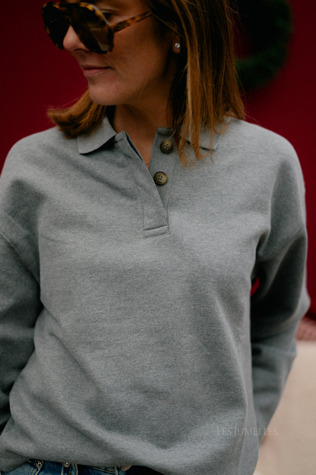 SLFAri Gia LS polo sweat medium grey melange