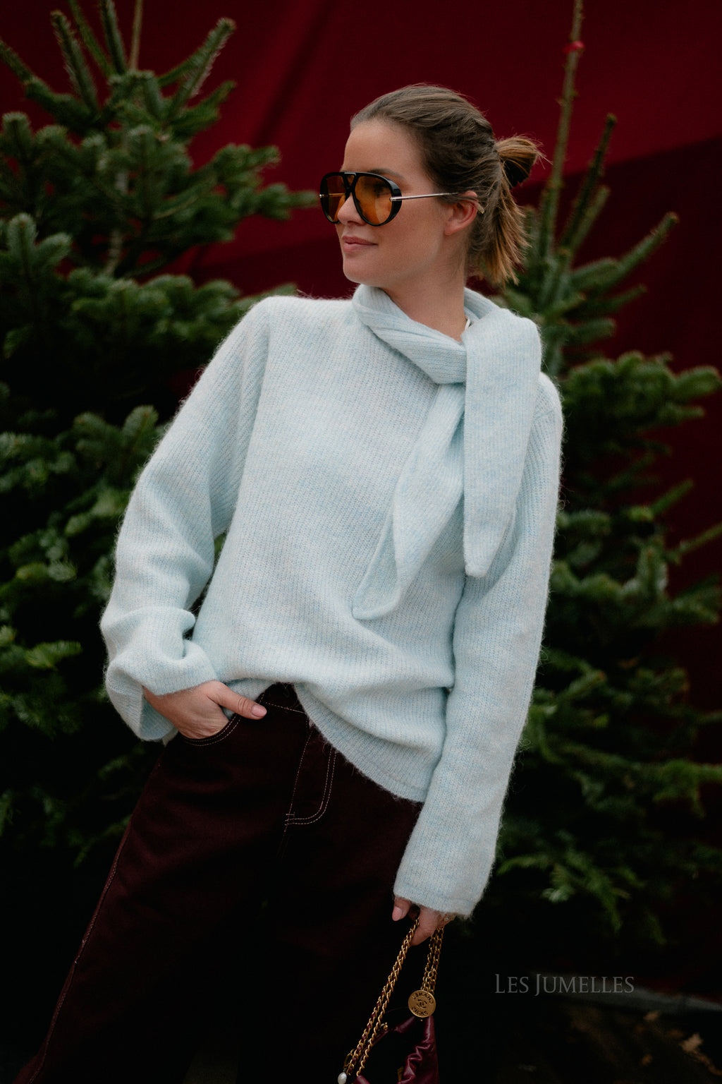 SLFLulu LS bow knit blue glow melange