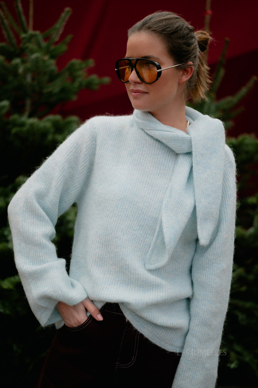 SLFLulu LS bow knit blue glow melange