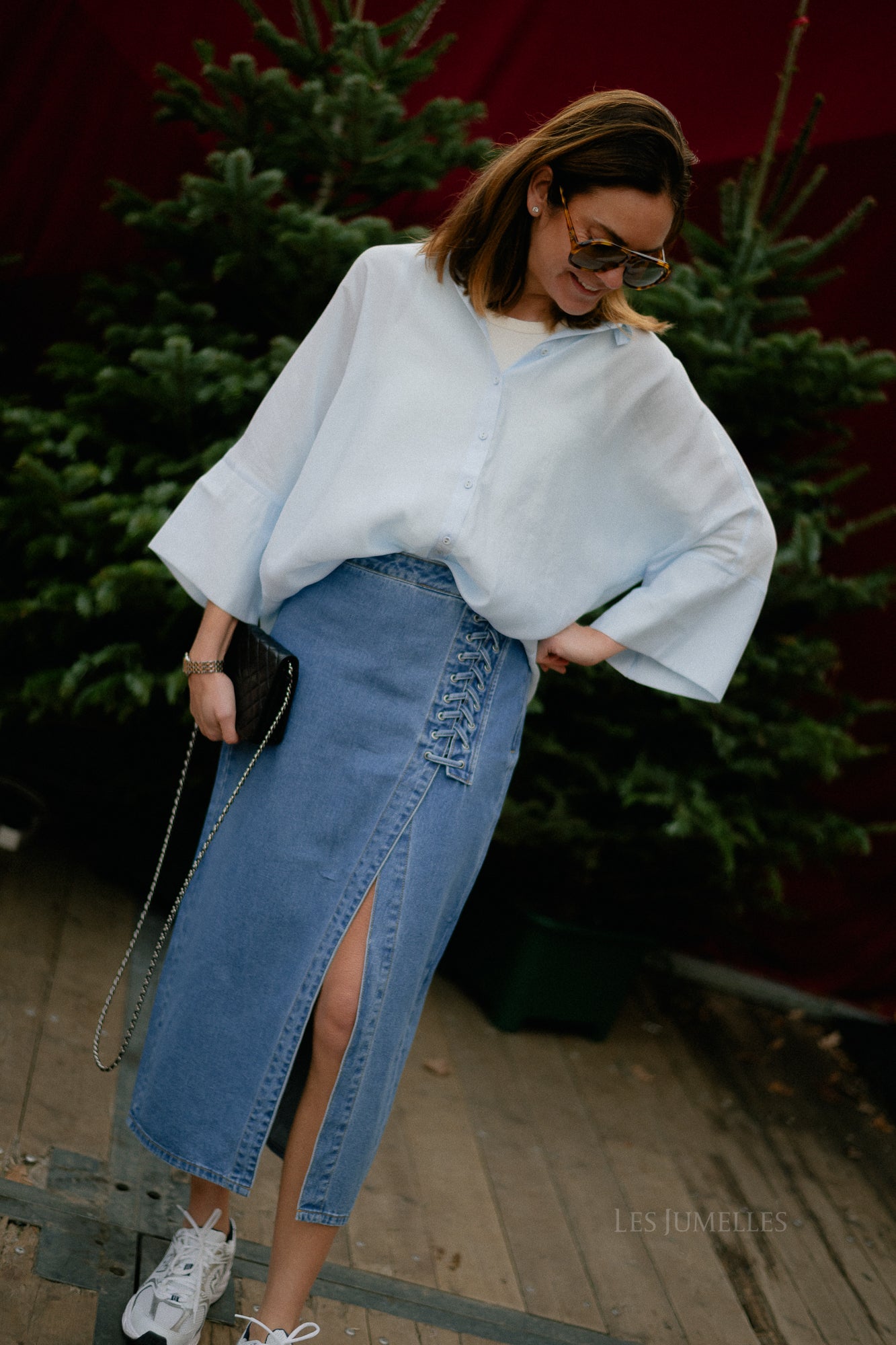 VIGarcia HW lacing detail skirt medium blue denim