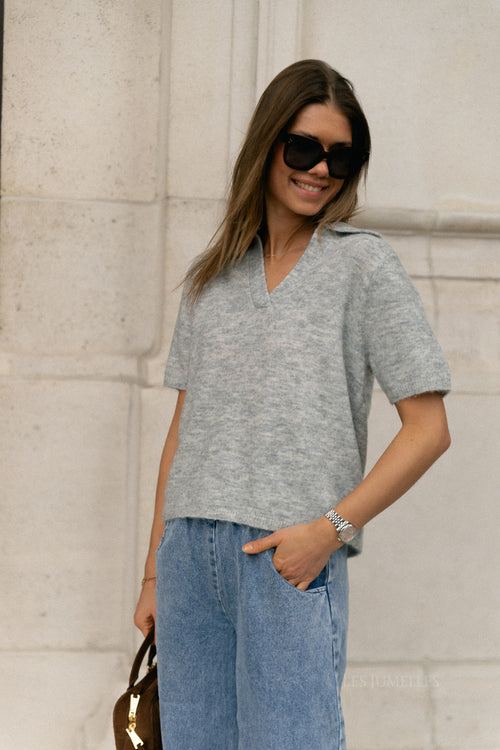 SLFLulu SS gebreide polo noos lichtgrijs gemêleerd