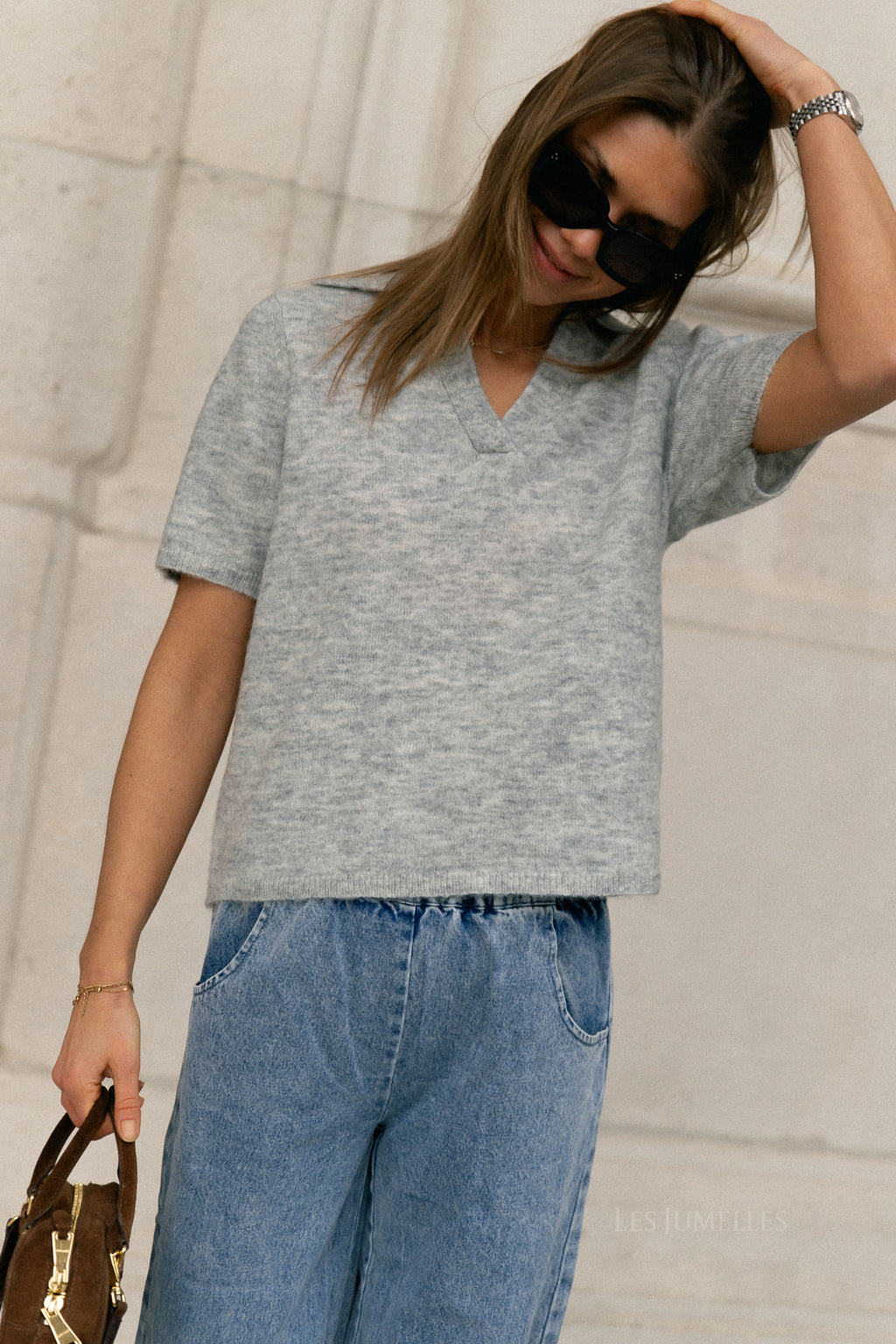 SLFLulu SS gebreide polo noos lichtgrijs gemêleerd