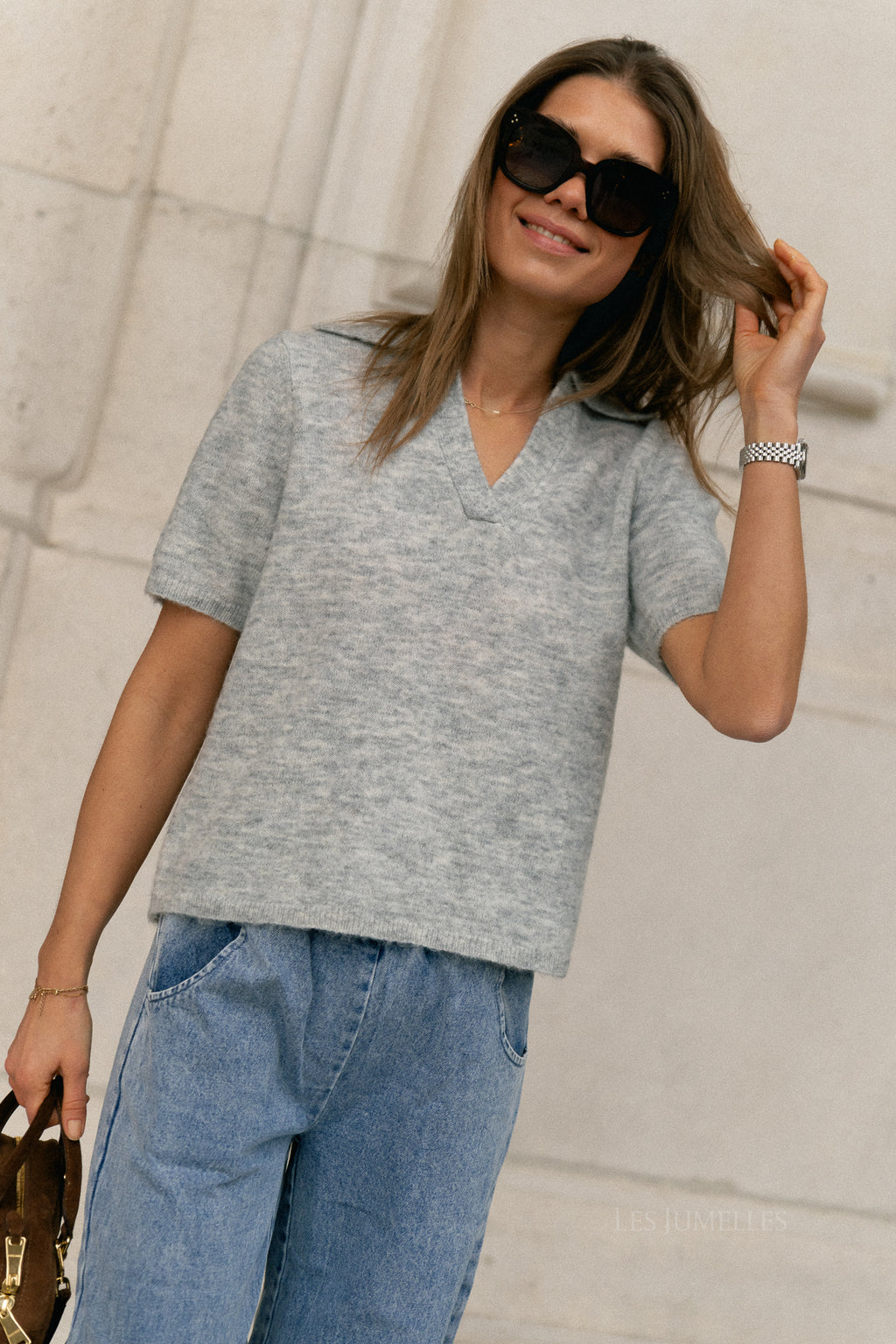 SLFLulu SS gebreide polo noos lichtgrijs gemêleerd