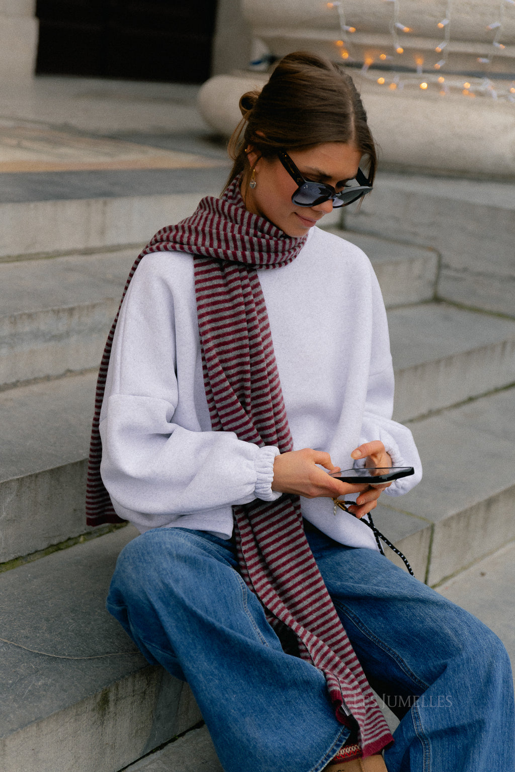 Écharpe rayée Florence gris/bordeaux