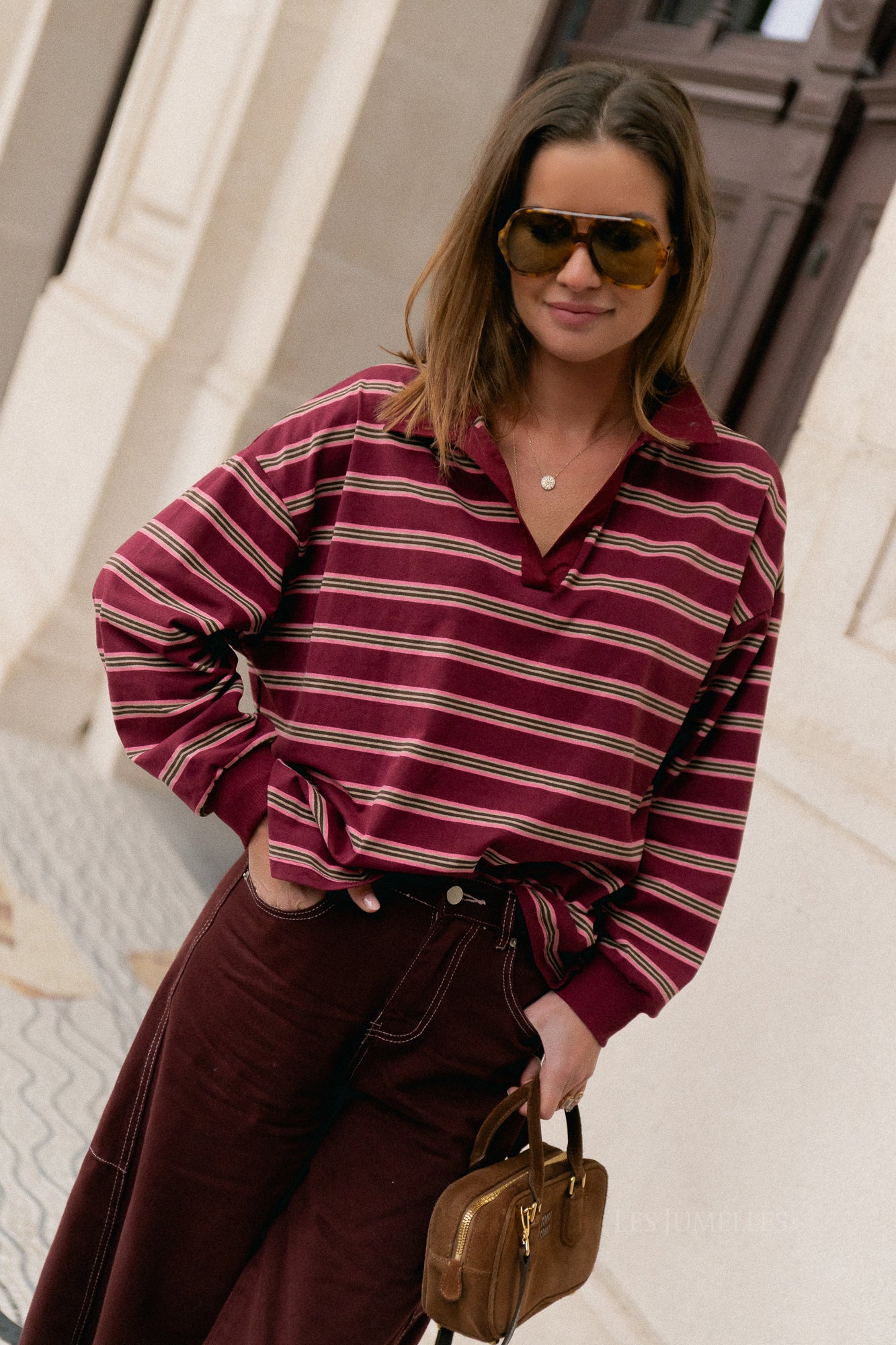Noemie gestreept poloshirt bordeaux/roze