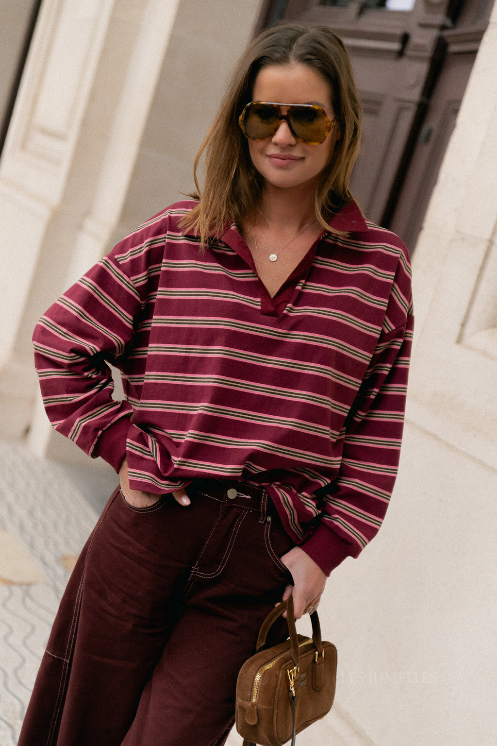 Noemie gestreept poloshirt bordeaux/roze