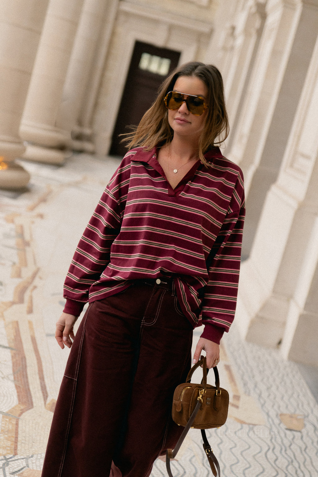 Noemie gestreept poloshirt bordeaux/roze