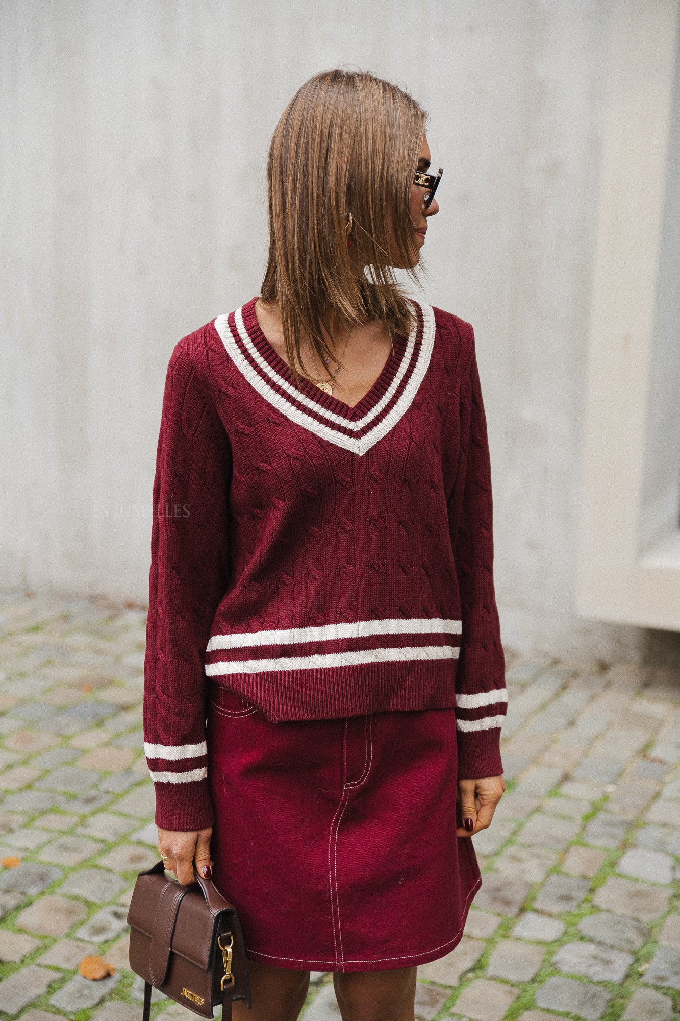 VISena L/S V-hals gebreide trui bordeaux/ecru