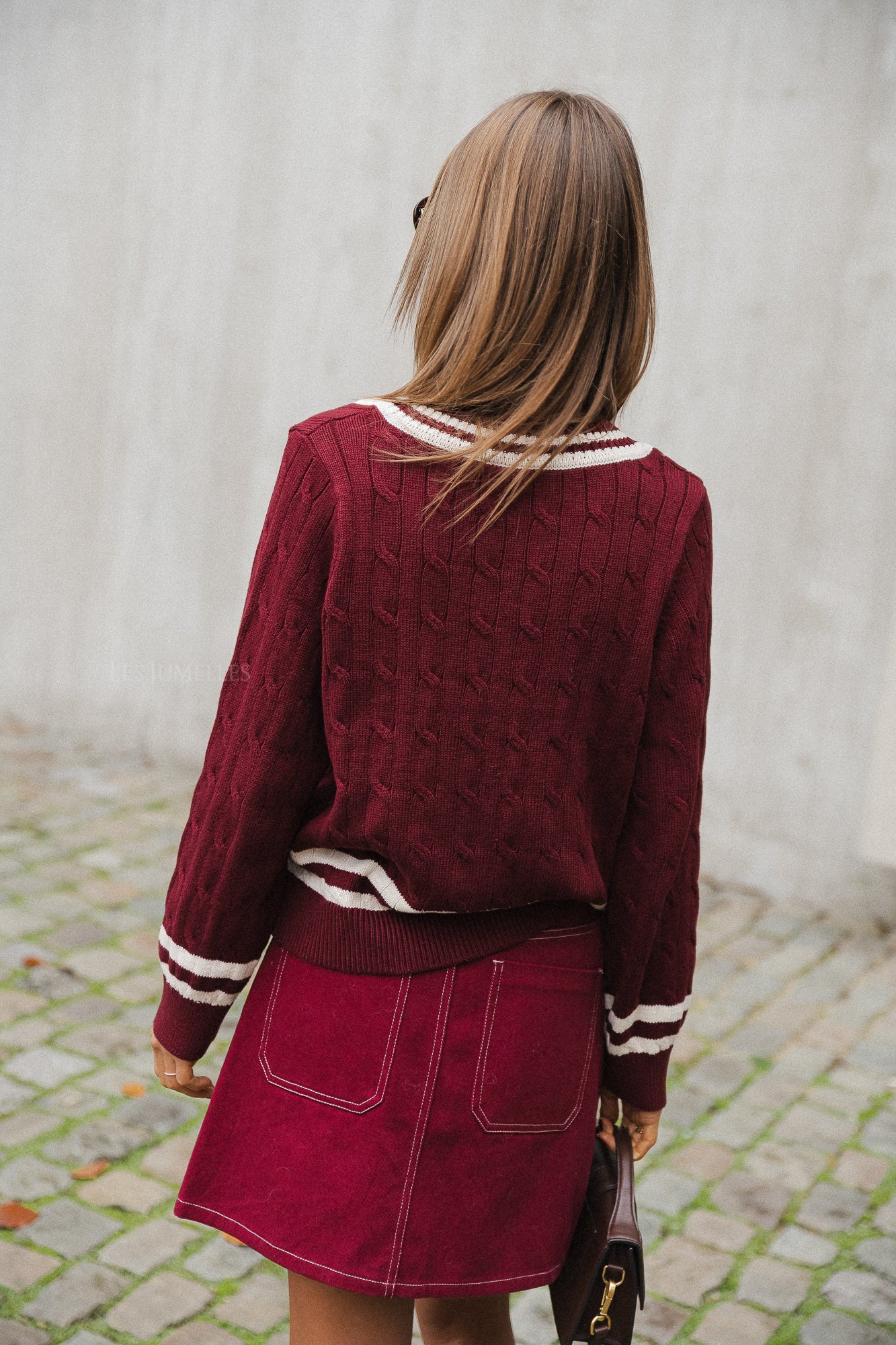 VISena L/S V-hals gebreide trui bordeaux/ecru